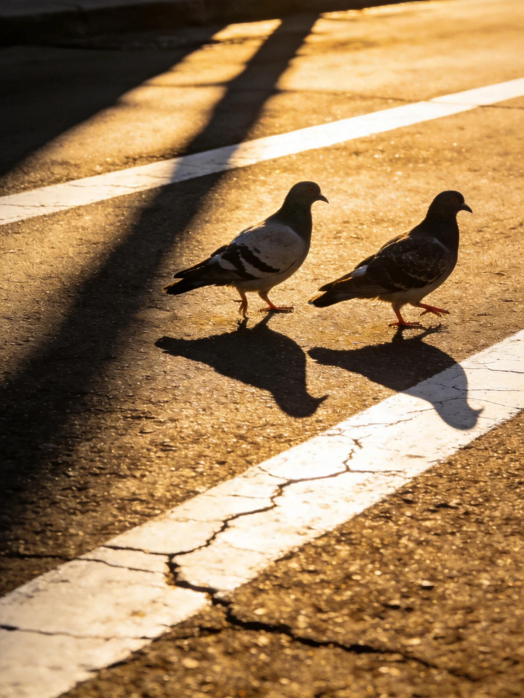 Two pigeons walk on a sunlit cracked asphalt road with elongated shadows