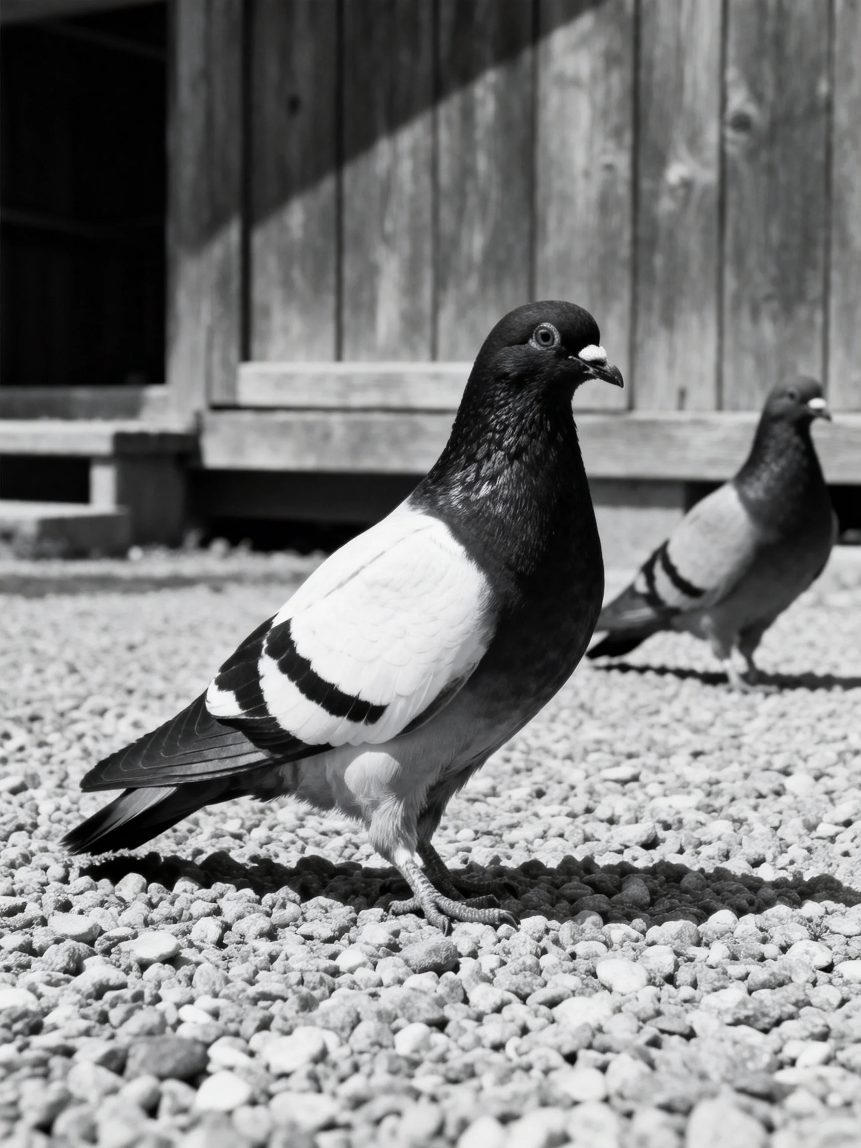 Two pigeons with black and white plumage on a gravel path near a wooden structure