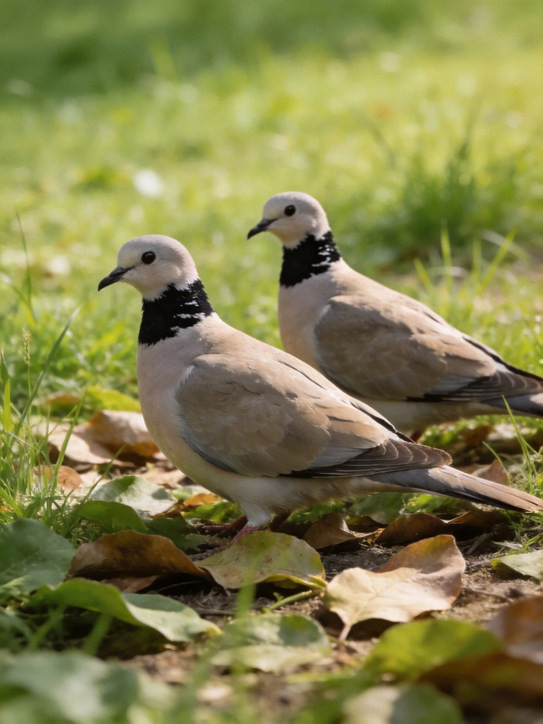 Two pigeons with black necks on a leaf-strewn grassy area