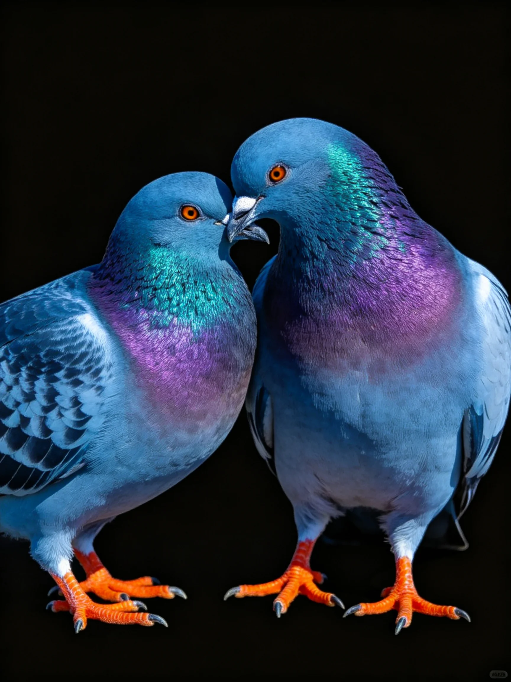 Two pigeons with blue-purple plumage and orange feet nuzzle closely