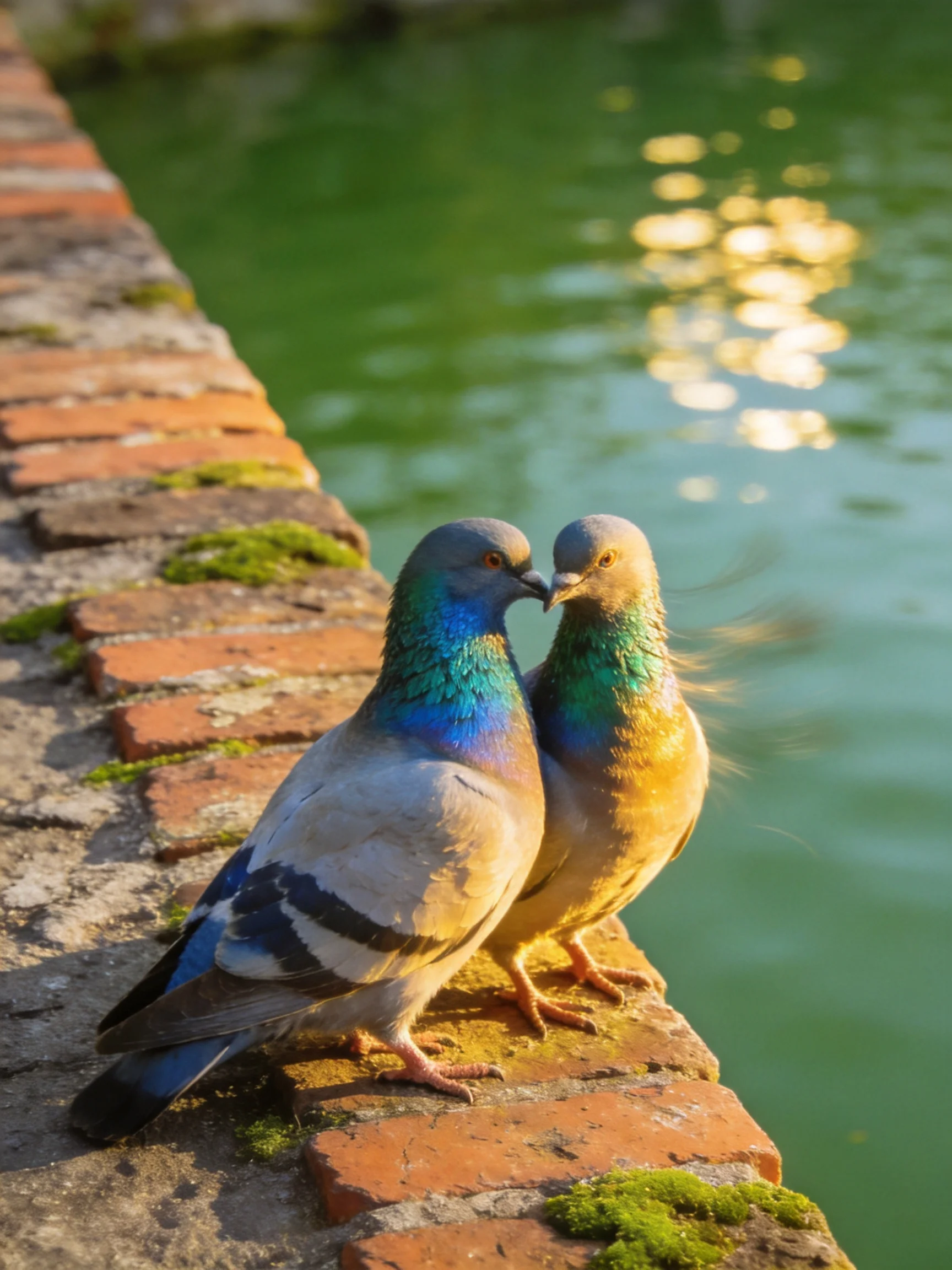 Two pigeons with colorful plumage perch on a mossy brick ledge by still water