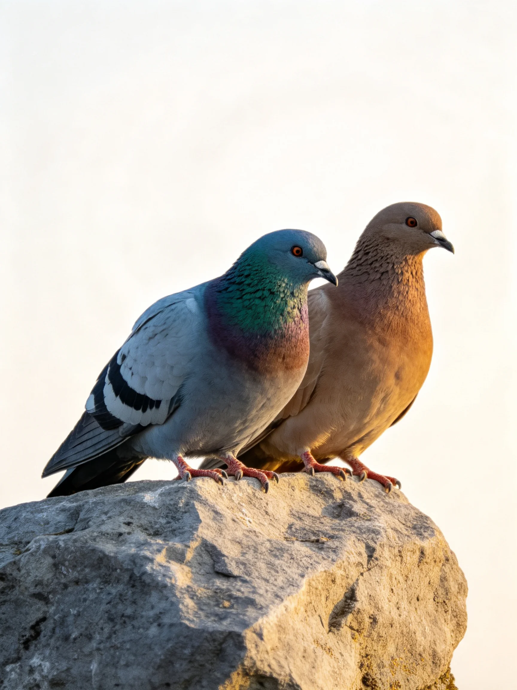 Two pigeons with diverse feather shades rest upon a rocky outcrop