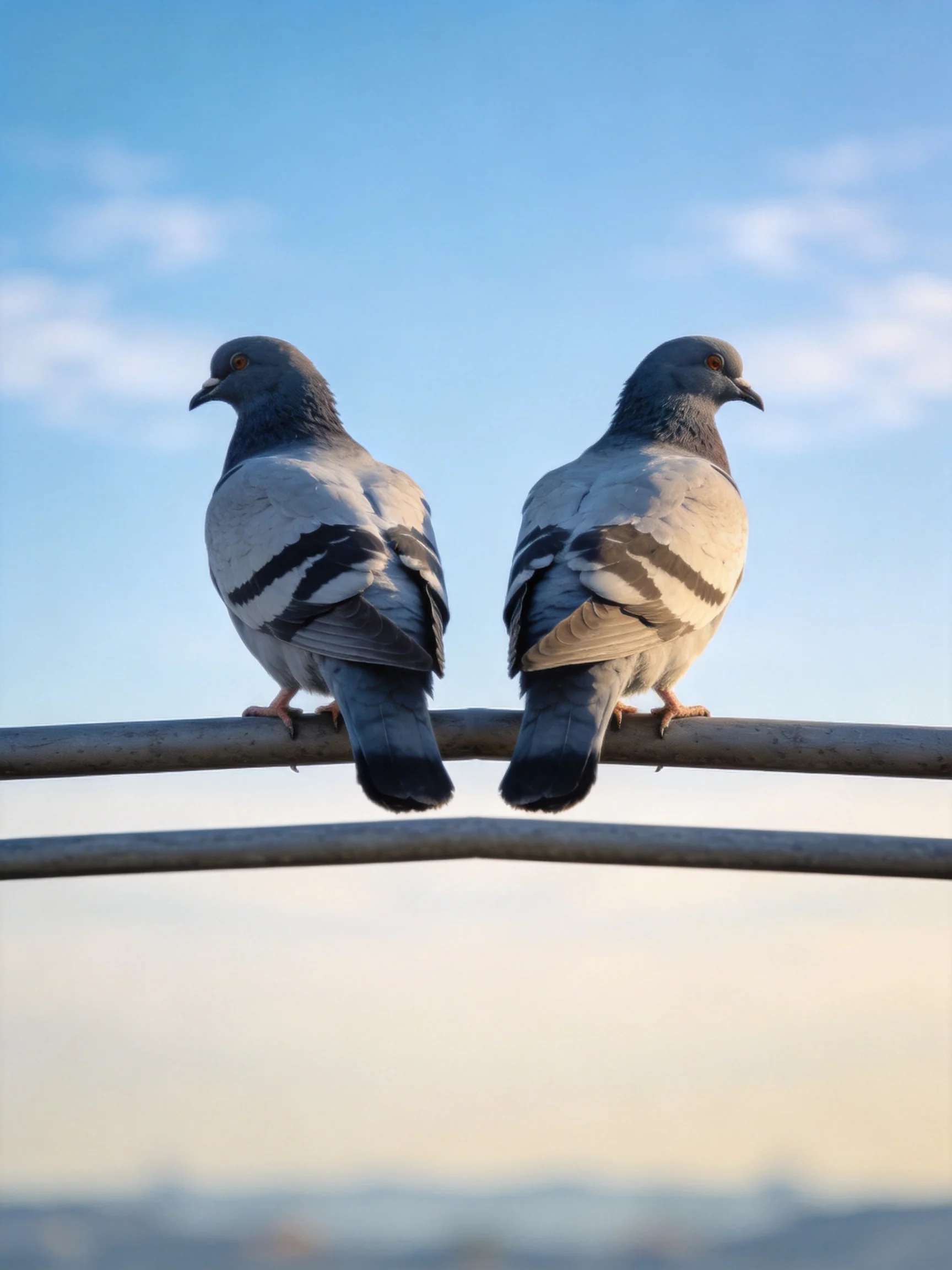 Two pigeons with gray and black plumage sit on metal bars under a blue sky