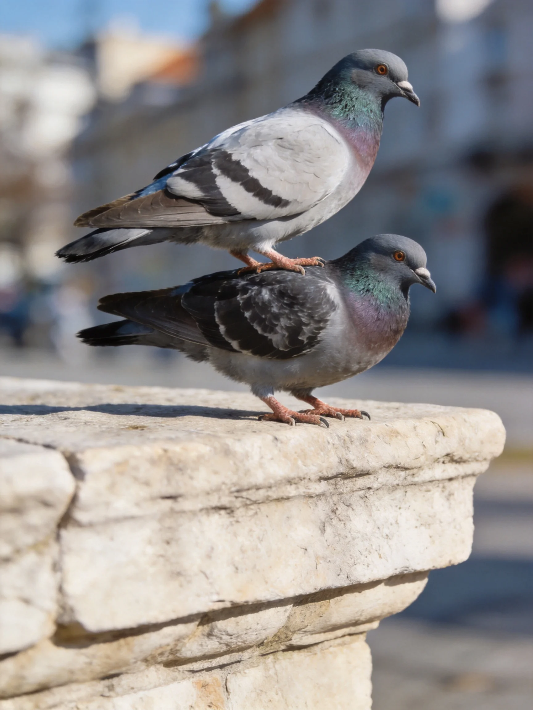 Two pigeons with gray and purple plumage perch on a stone ledge