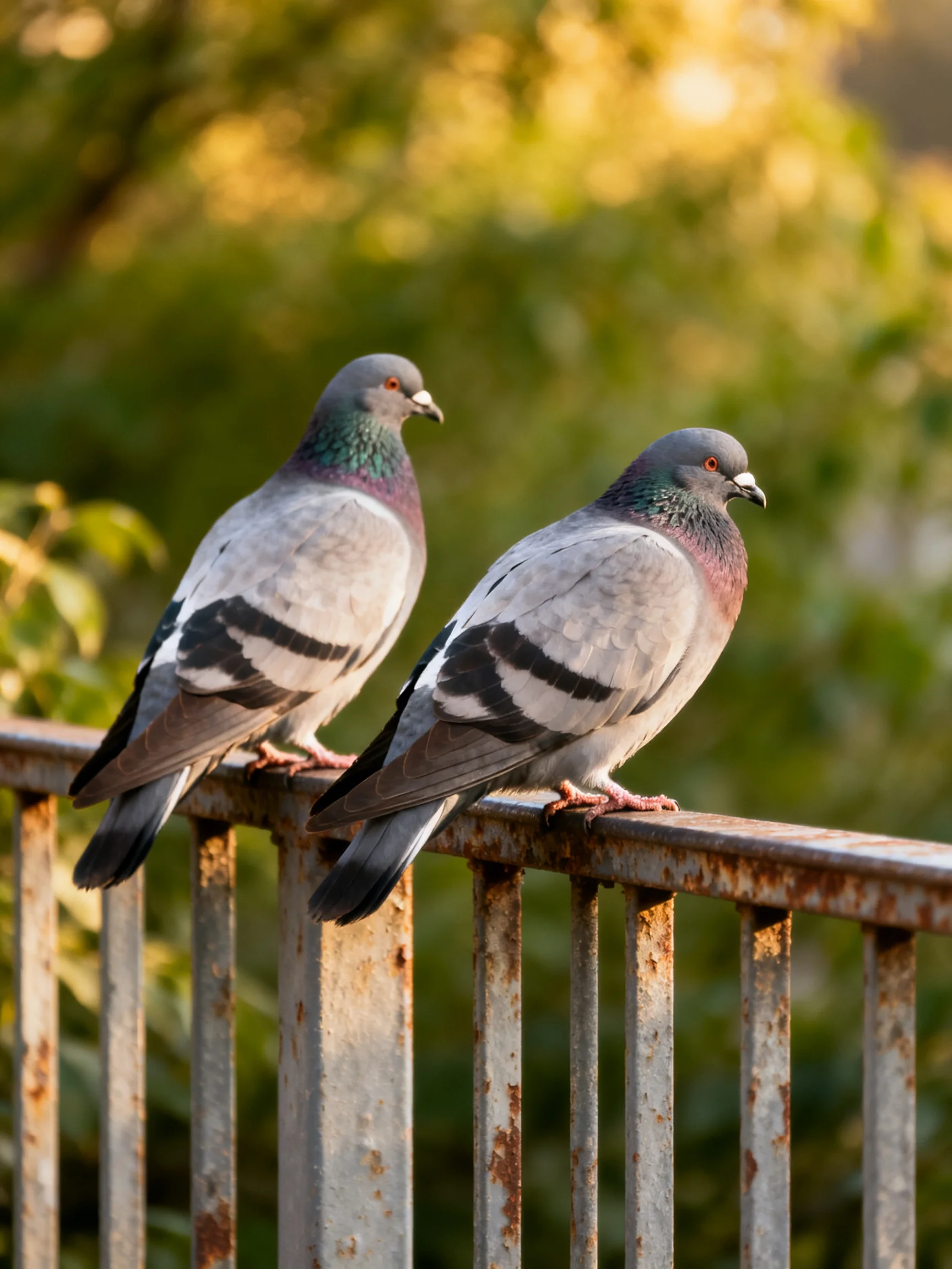 Two pigeons with gray feathers rest on a rusted metal railing near green foliage