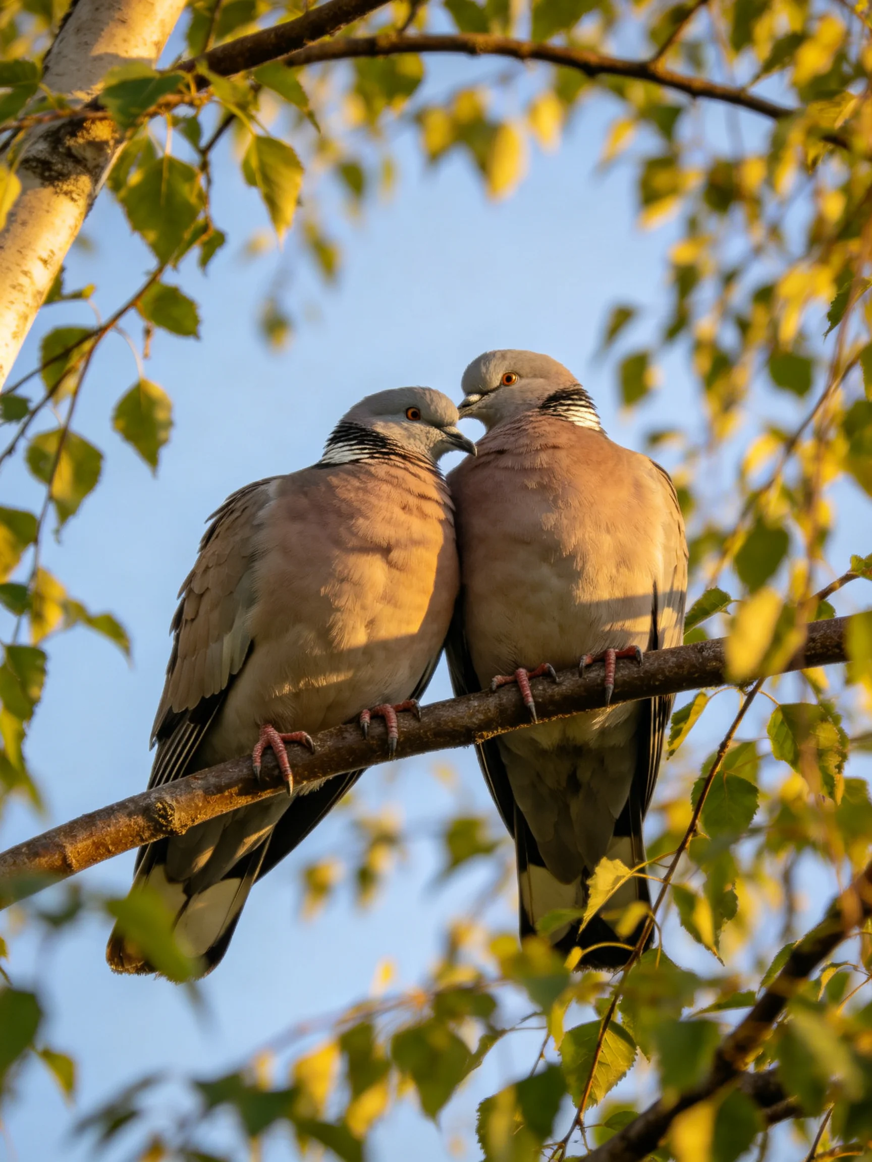 Two pigeons with gray heads and brown plumage rest together on a tree branch amidst green leaves.