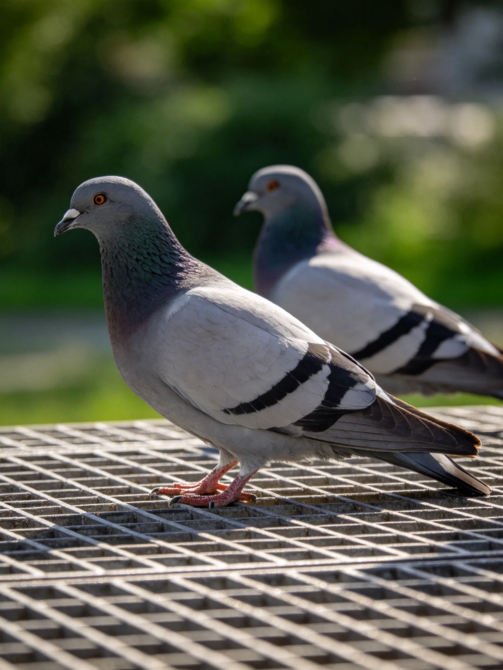 Two pigeons with gray plumage and black wing stripes stand on a metal grid near greenery