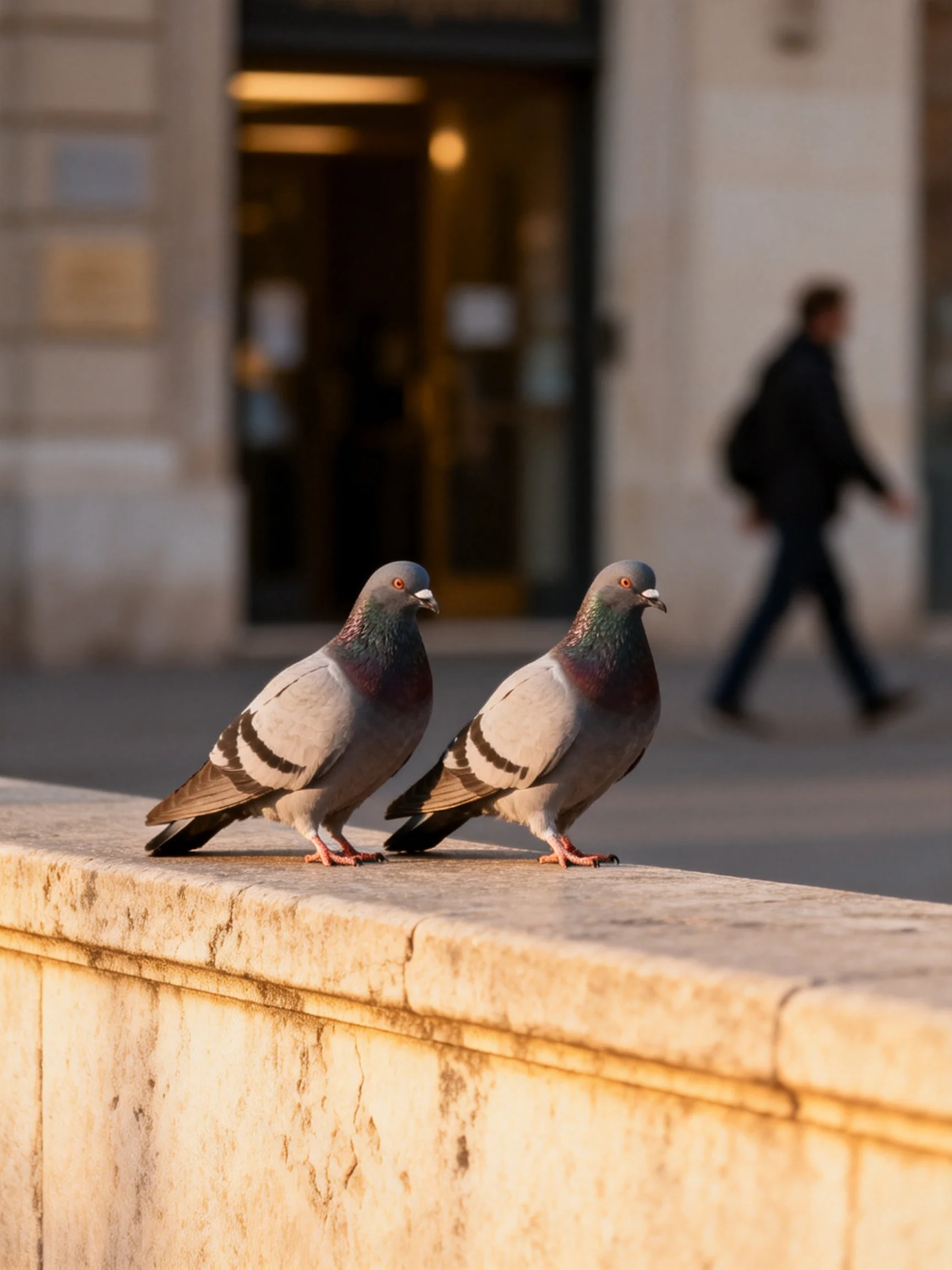 Two pigeons with gray plumage sit on a weathered stone ledge near a building entrance