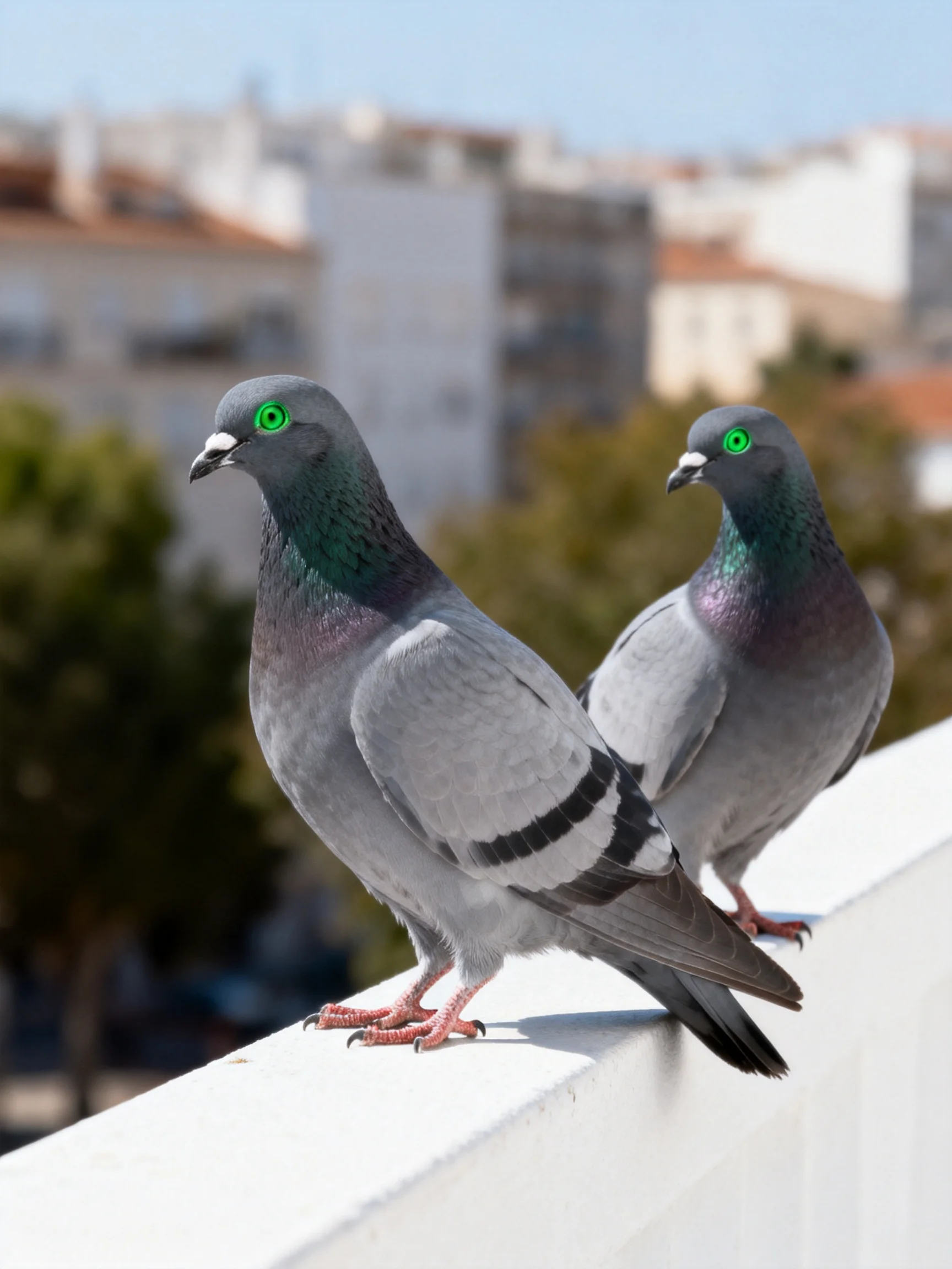 Two pigeons sit on a white ledge with a blurred urban backdrop.