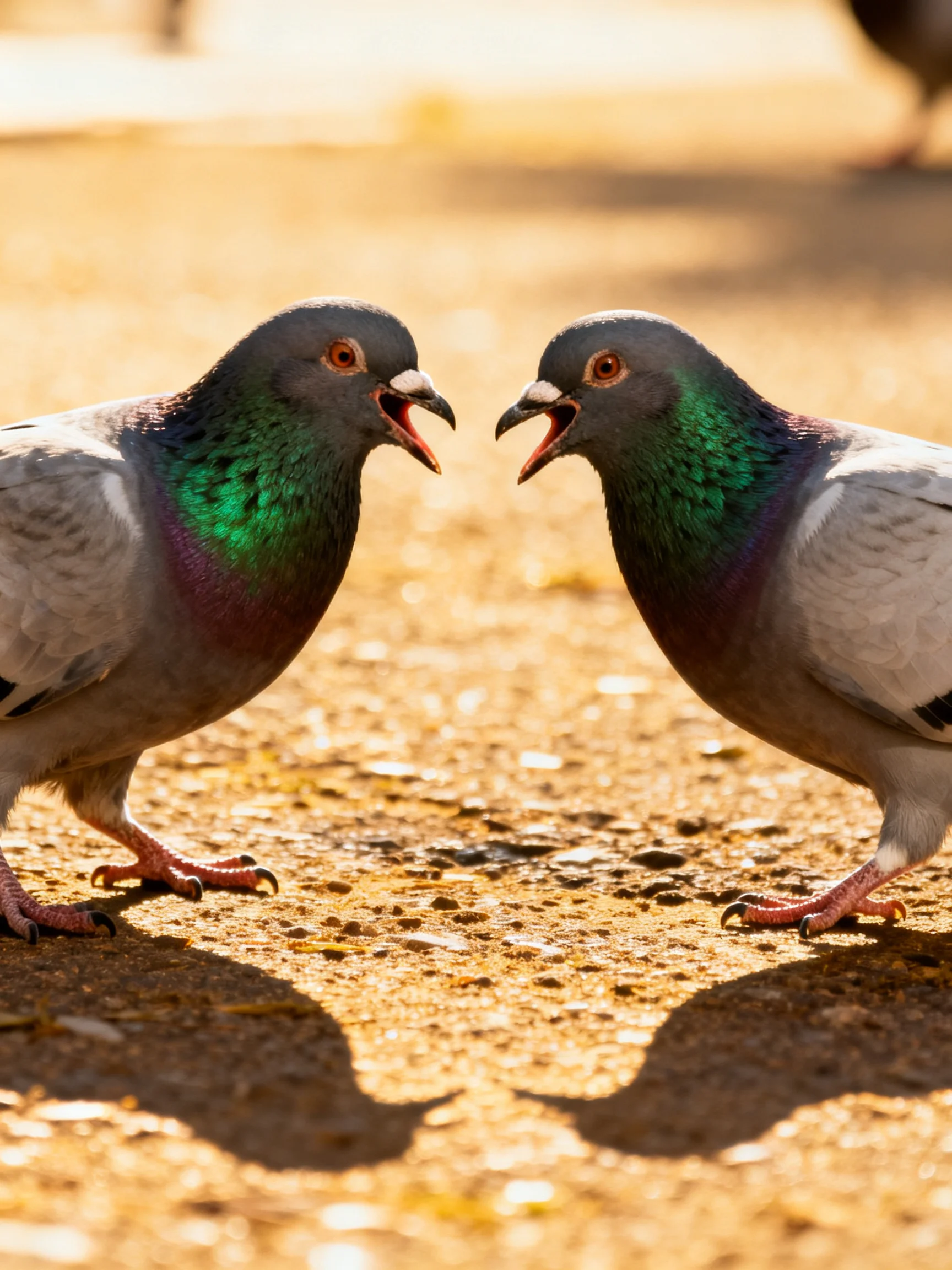 Two pigeons with green necks face each other on sunlit ground
