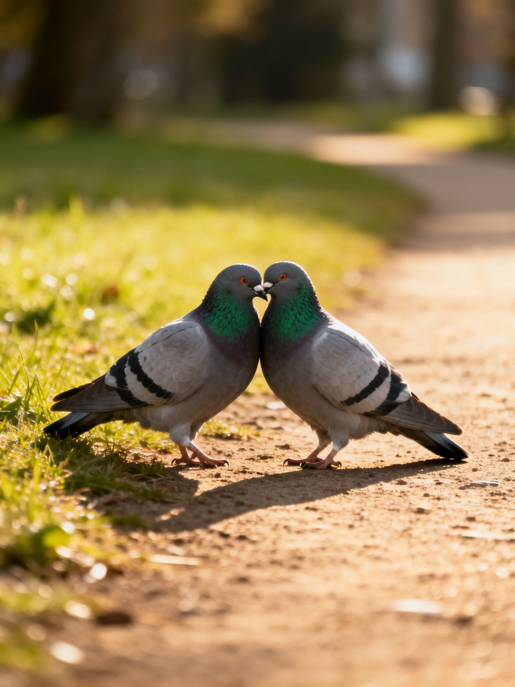 Two pigeons with green necks nuzzle on a sunlit dirt path