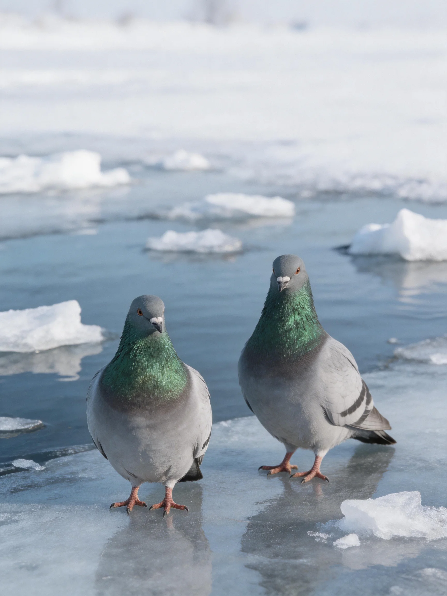 Two pigeons with green necks on icy water near scattered snow chunks