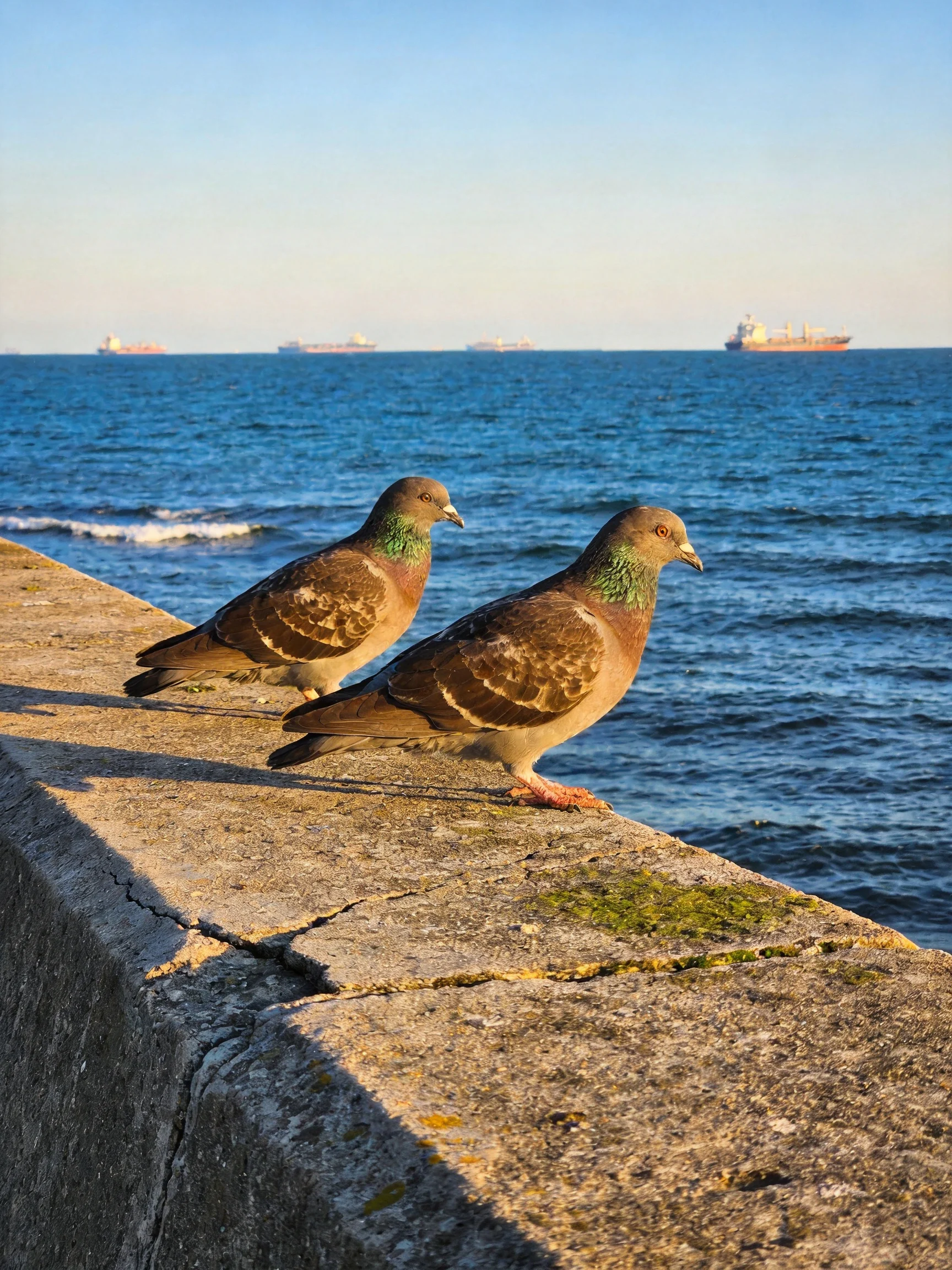 Two pigeons with green necks sit on a weathered stone ledge by the ocean