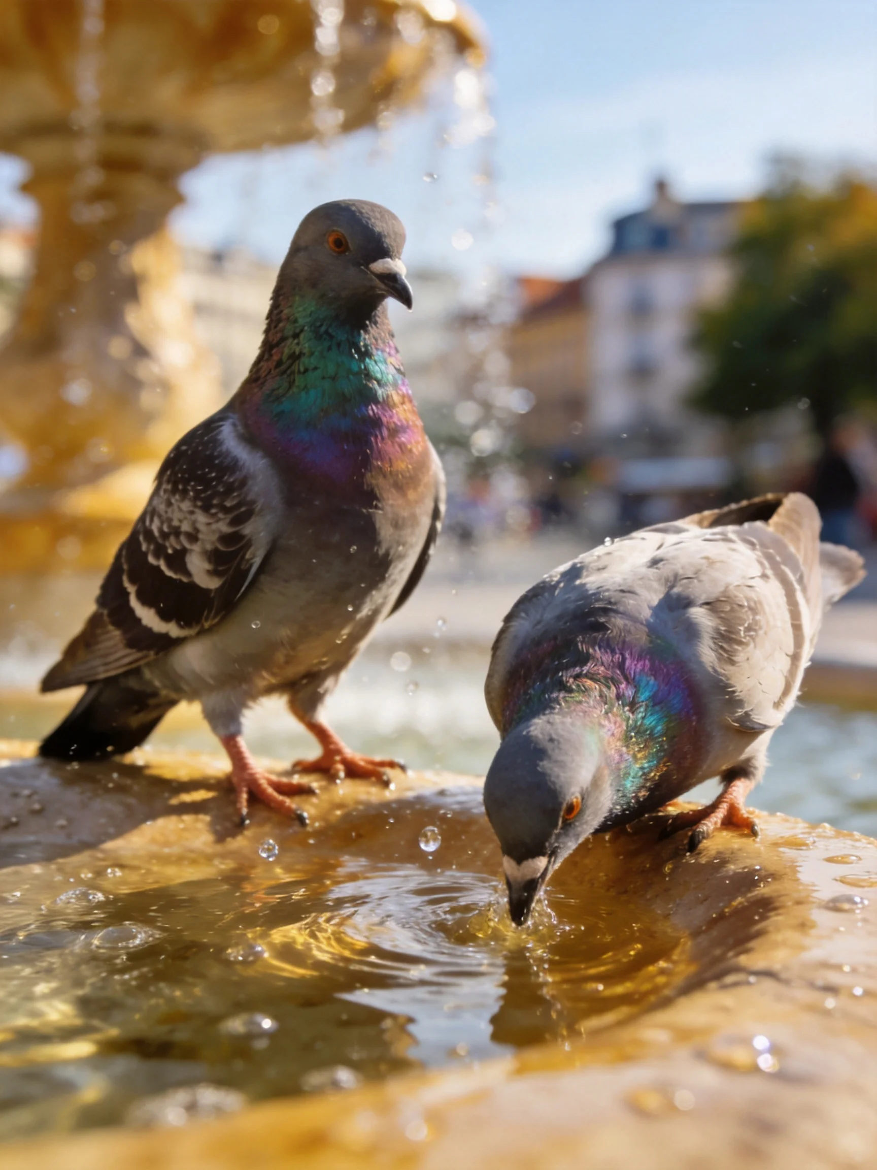 Two pigeons interact near a fountain with splashing water.