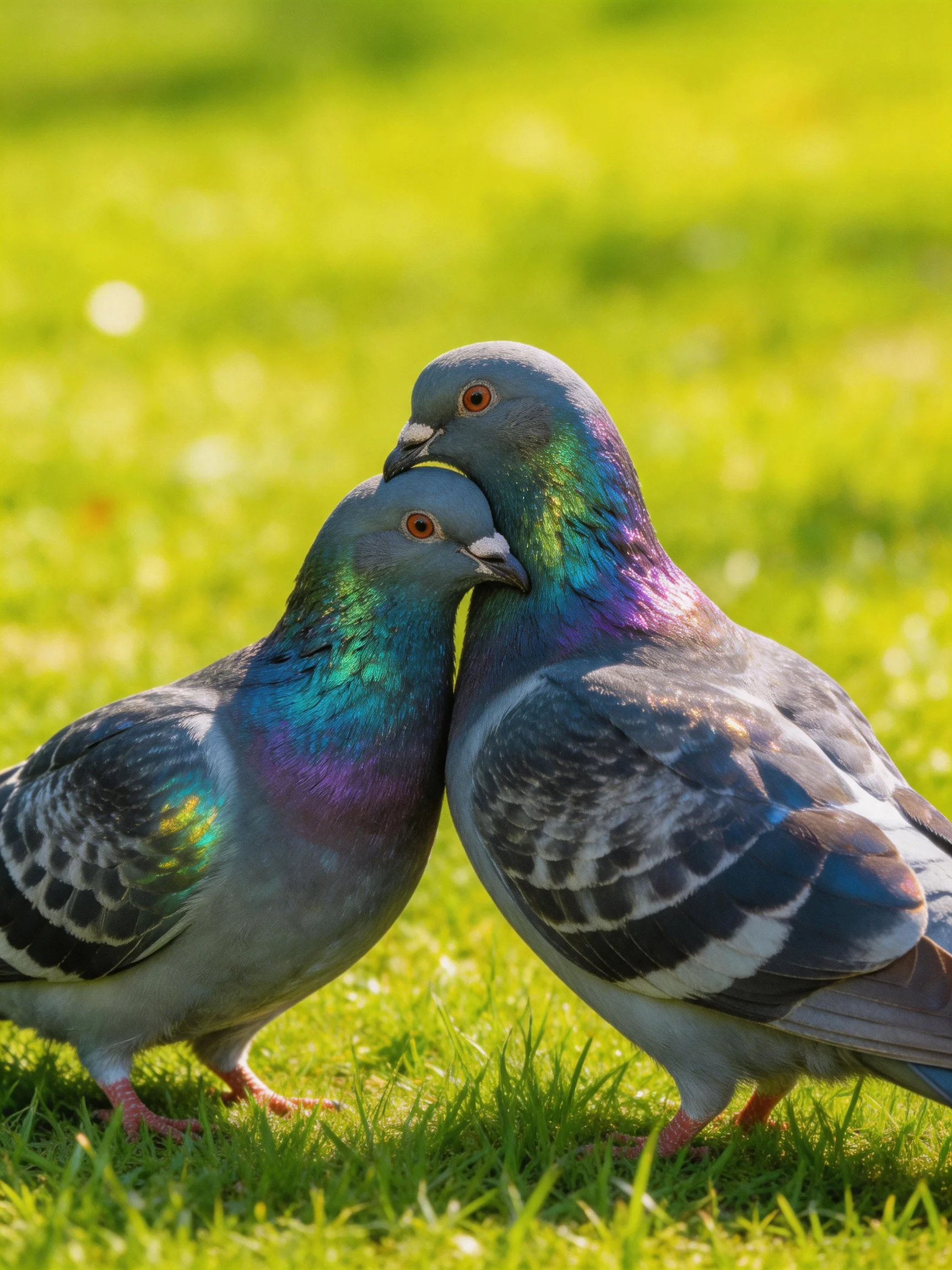 Two pigeons with iridescent feathers on green grass