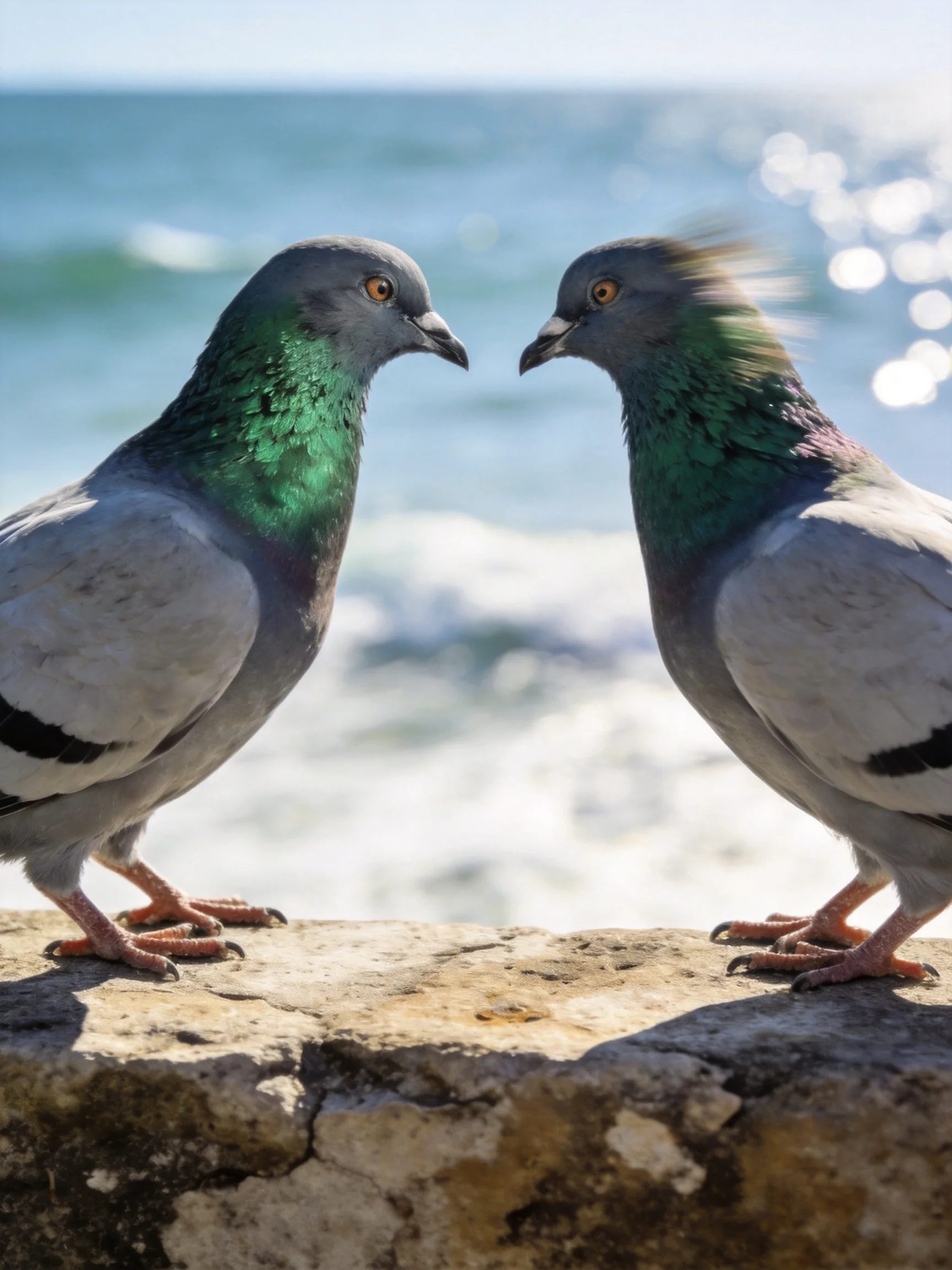 Two pigeons face each other on a stone ledge by the ocean.