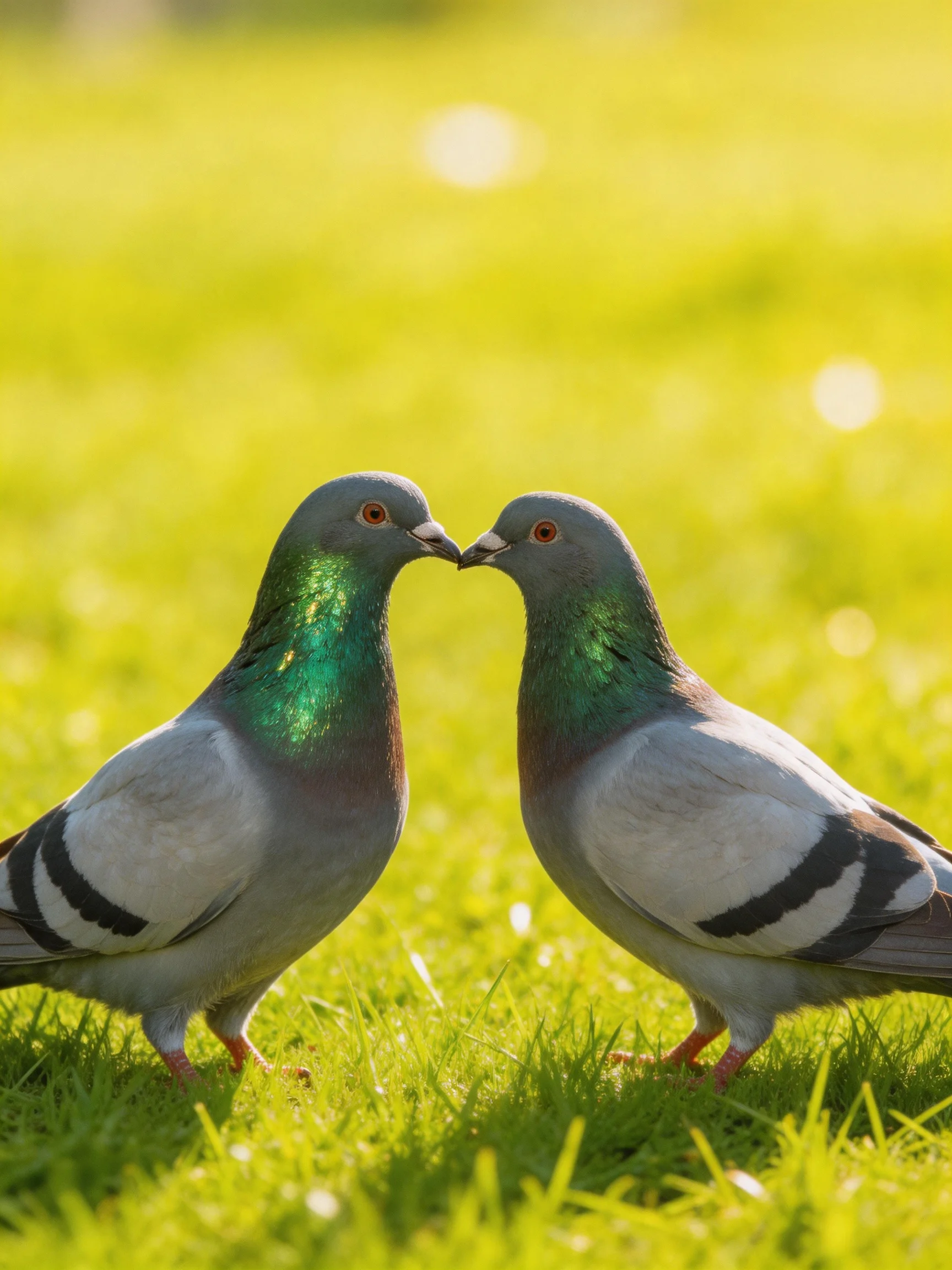 Two pigeons with iridescent green necks nuzzle on a sunlit grassy field