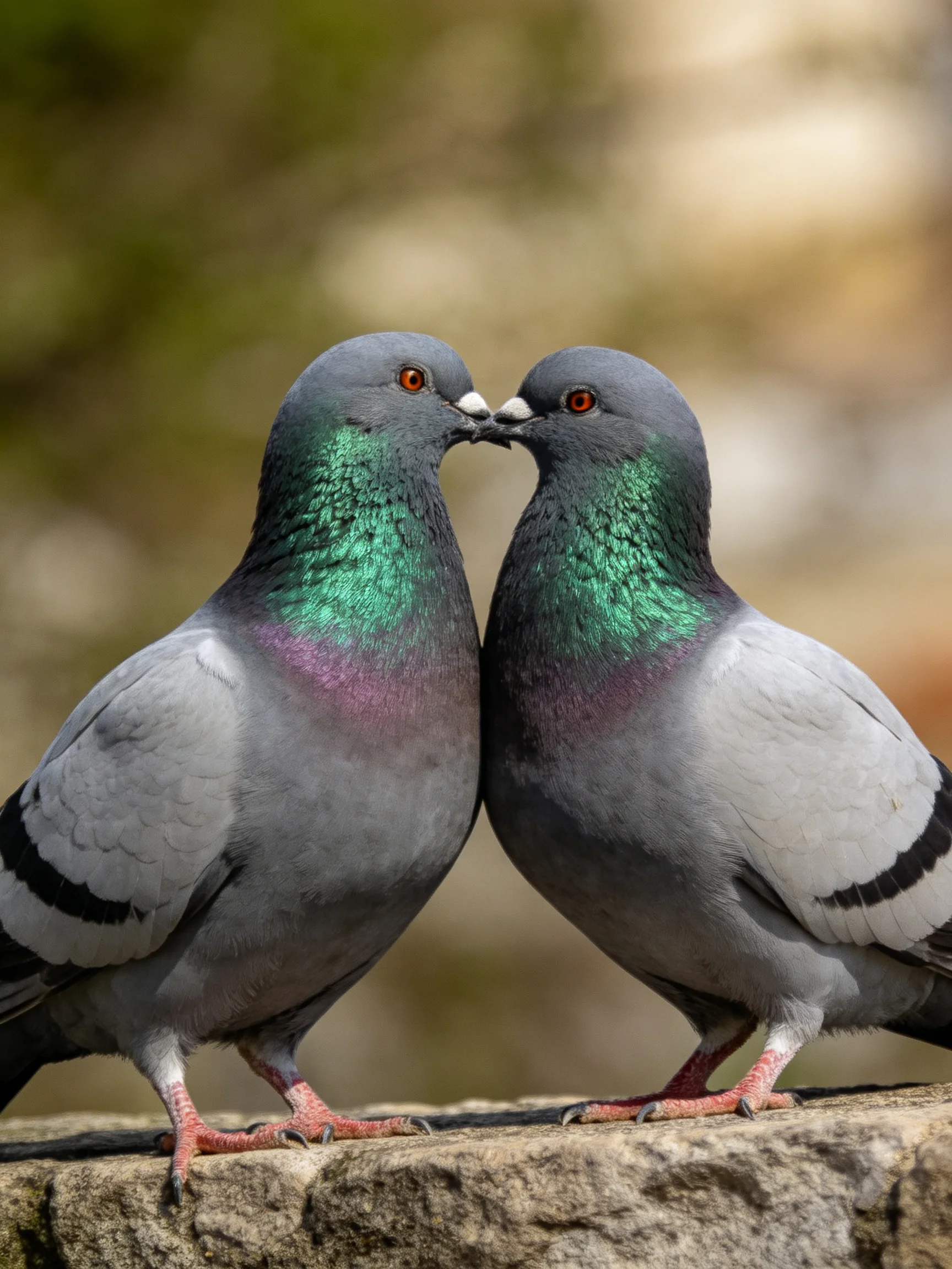 Two pigeons with iridescent green necks nuzzling on a stone ledge