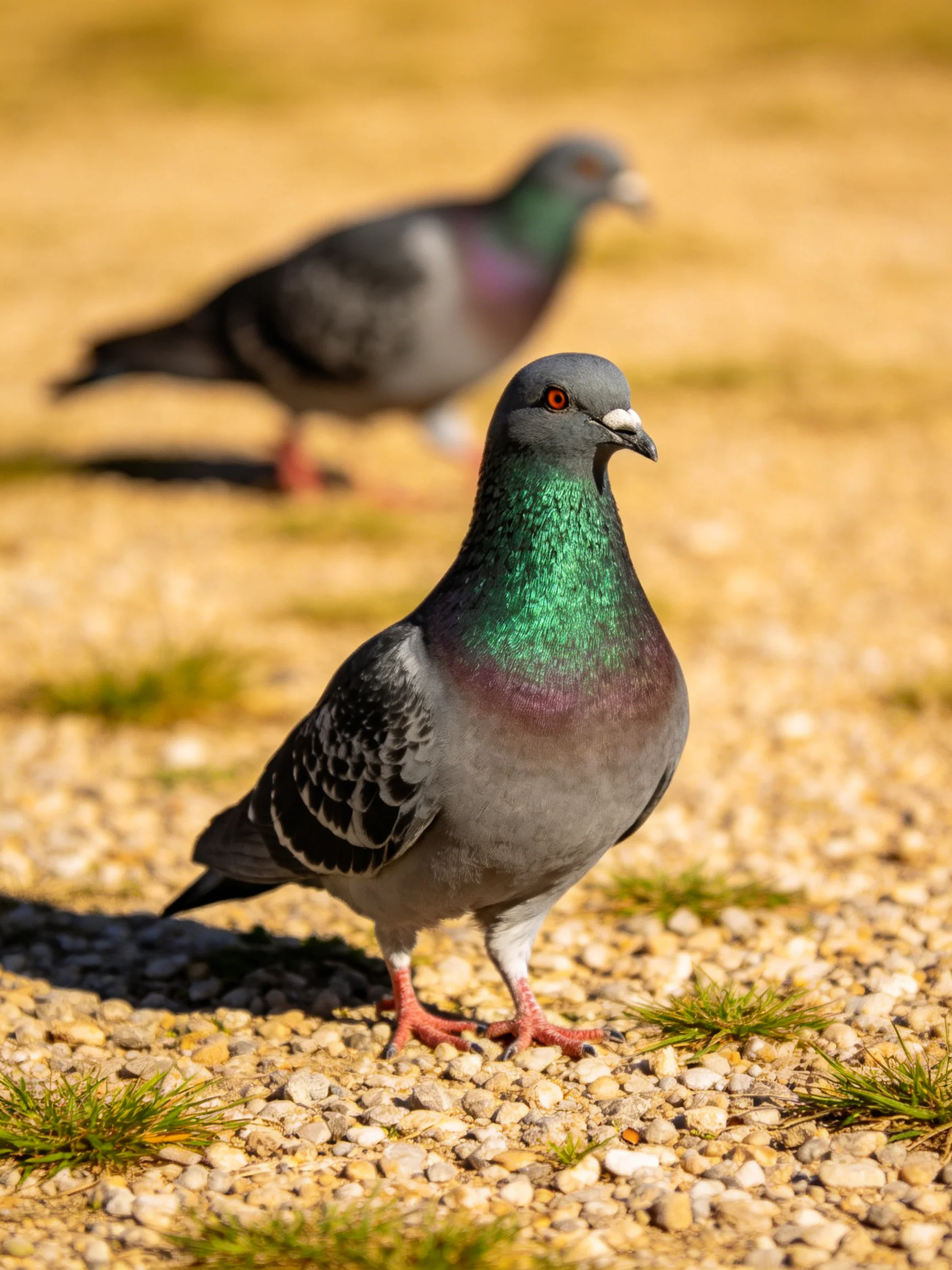 Two pigeons with iridescent green necks on a gravel path