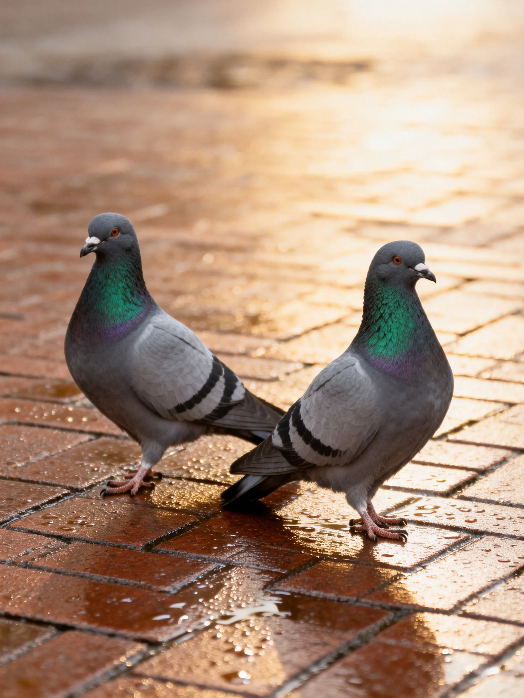 Two pigeons with iridescent green necks on a wet brick pavement