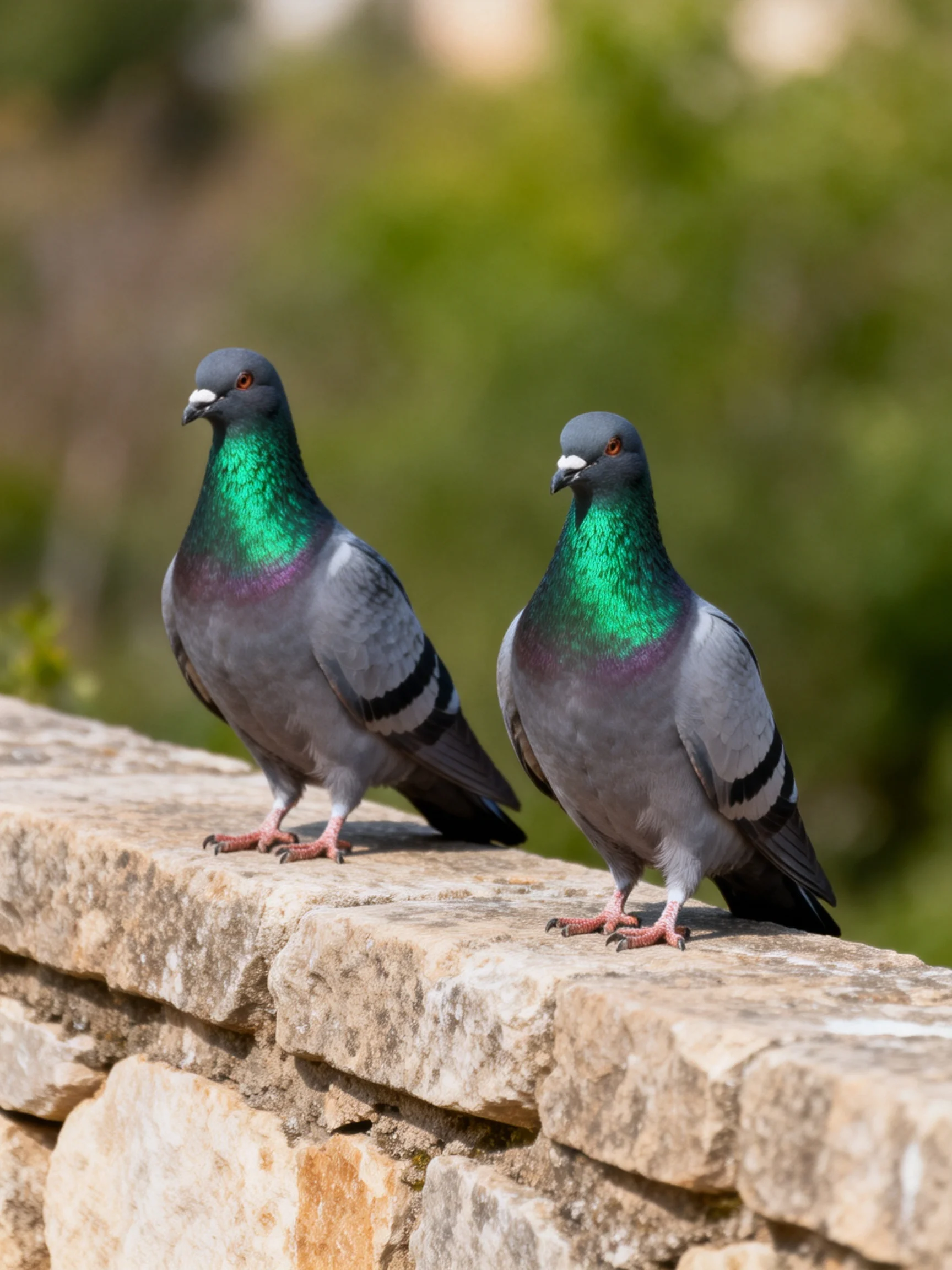 Two pigeons with iridescent green necks perch on a weathered stone wall
