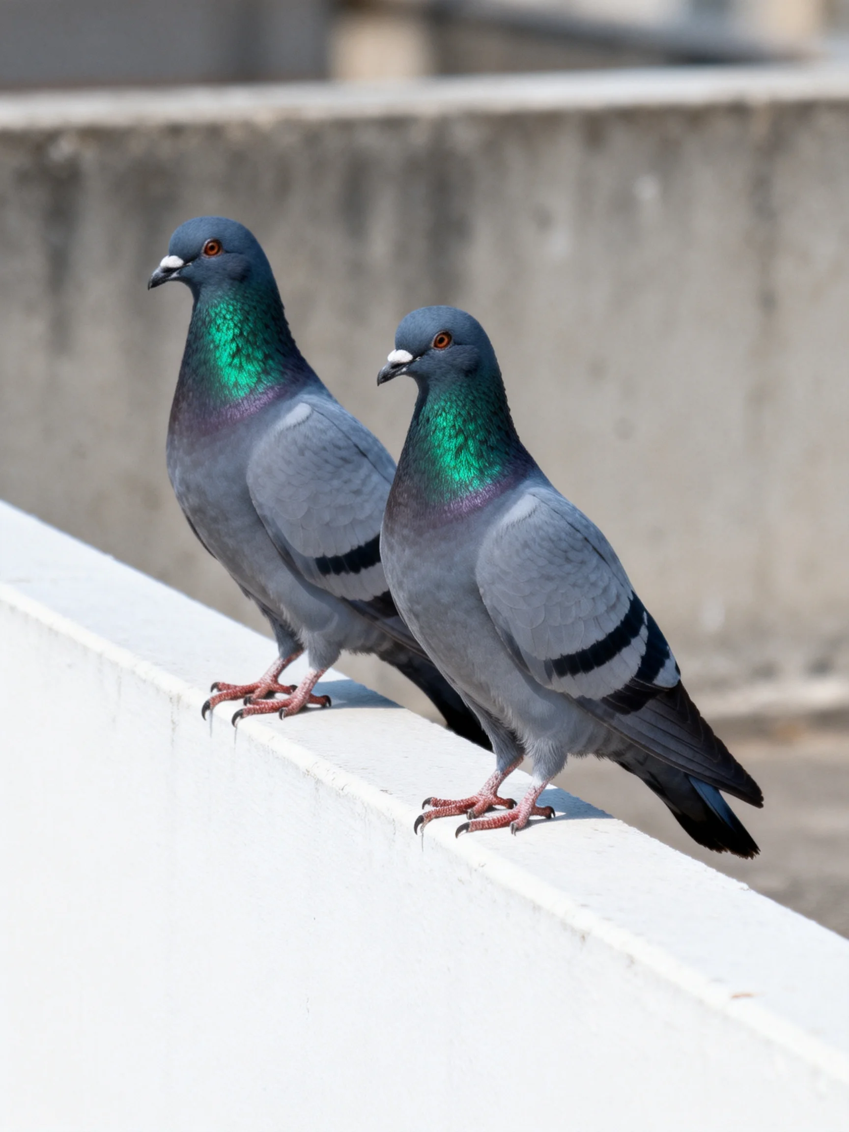 Pigeons with green necks sit on a white ledge.