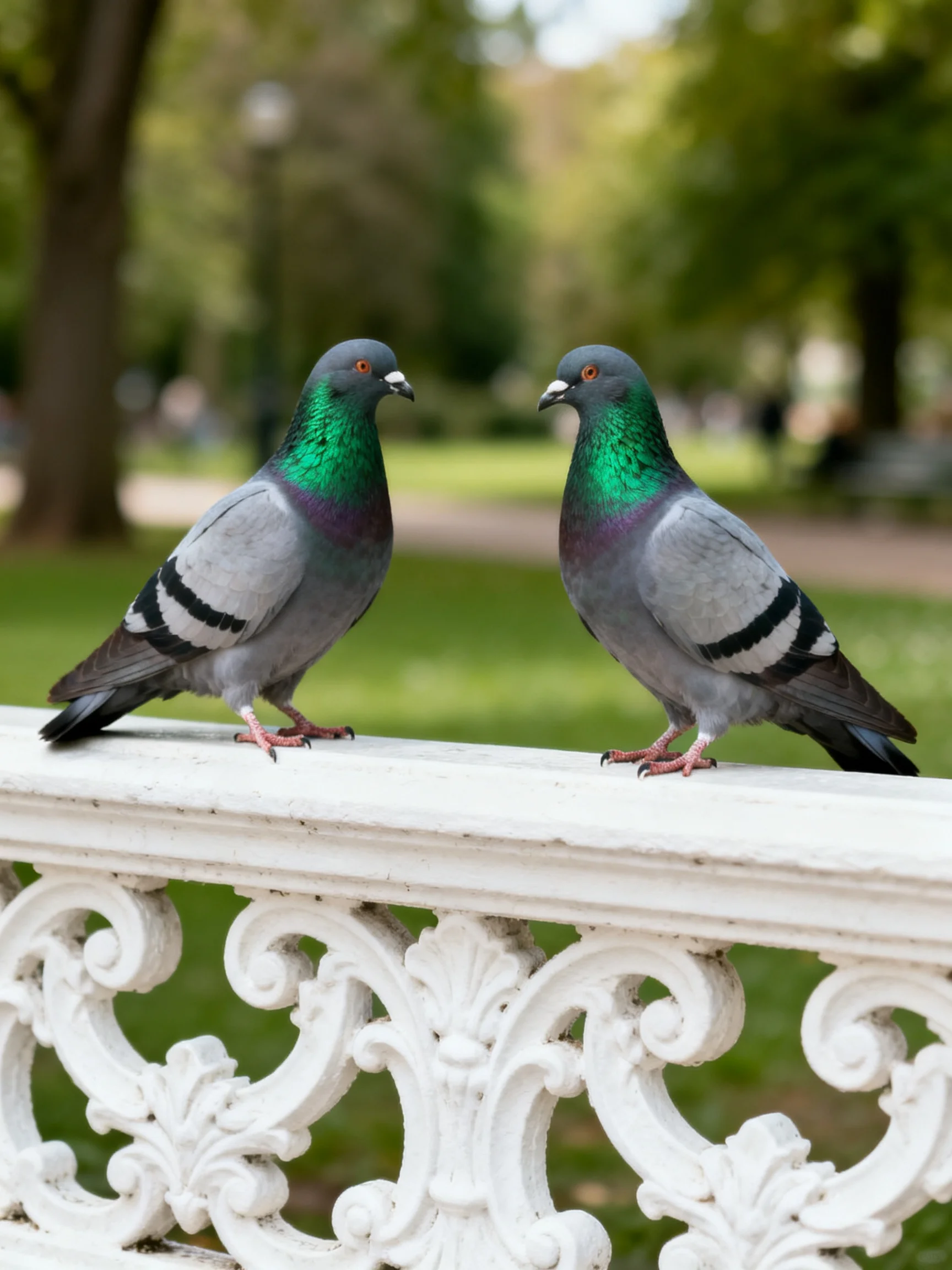 Two pigeons with iridescent green necks perch on a white ornate fence