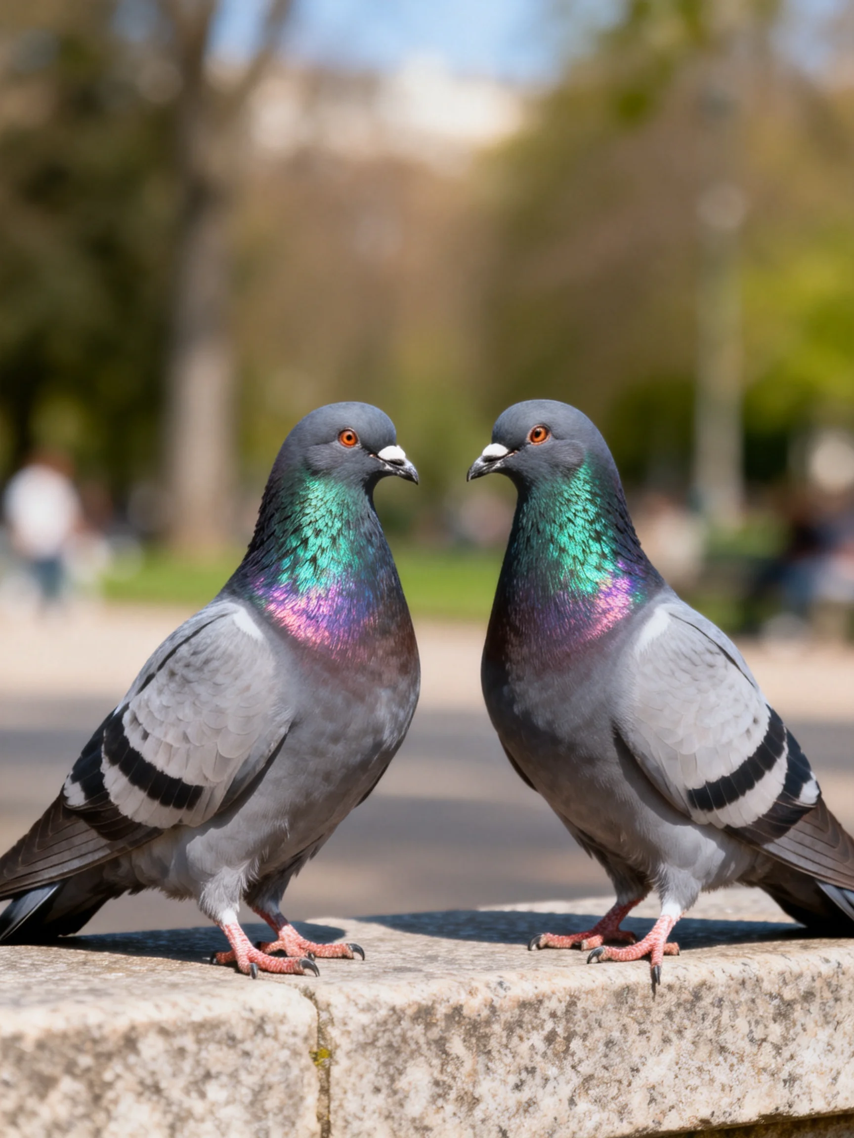 Two pigeons face each other while perched on a stone ledge.