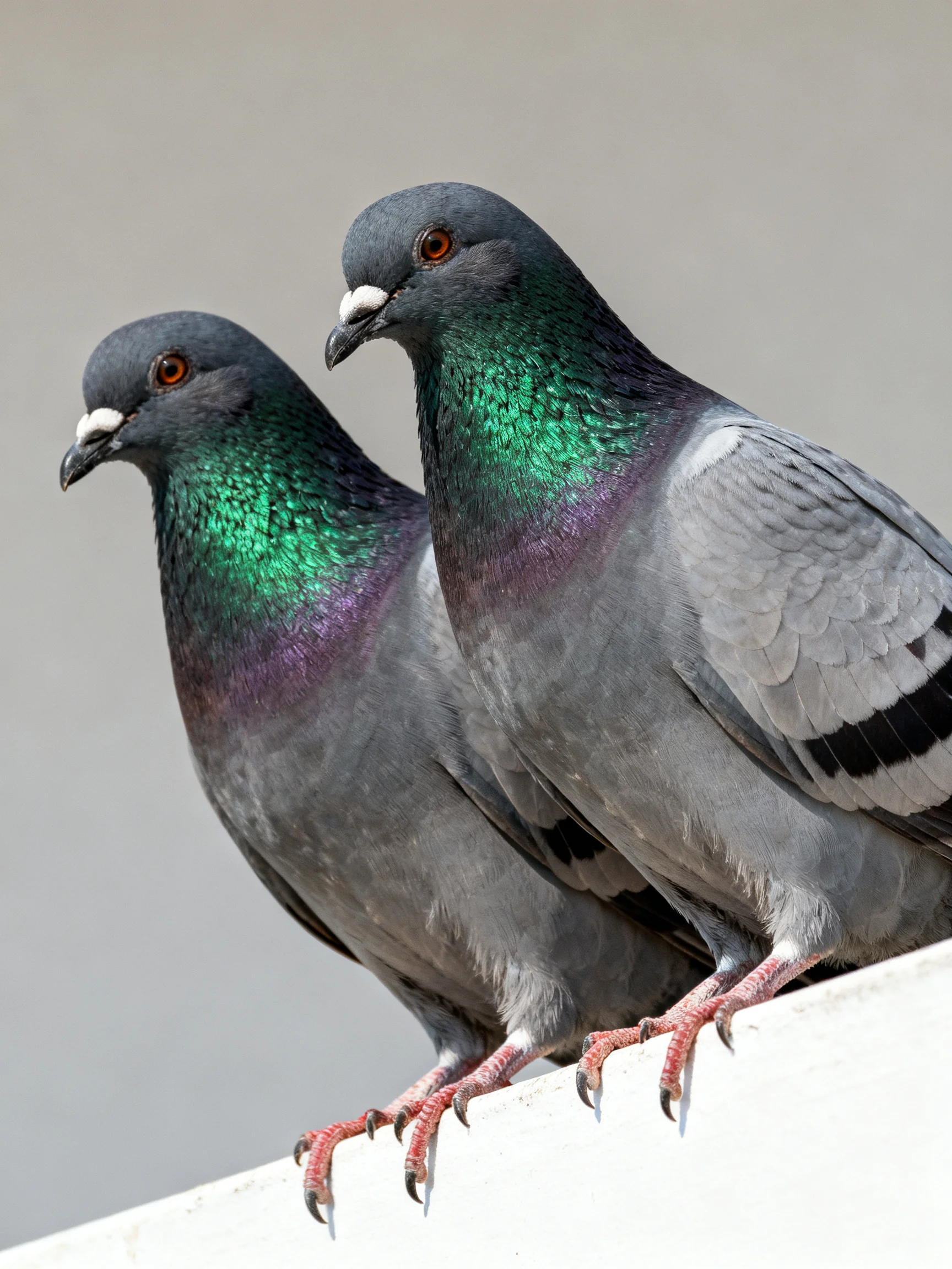 Two pigeons with colorful necks perch closely beside each other