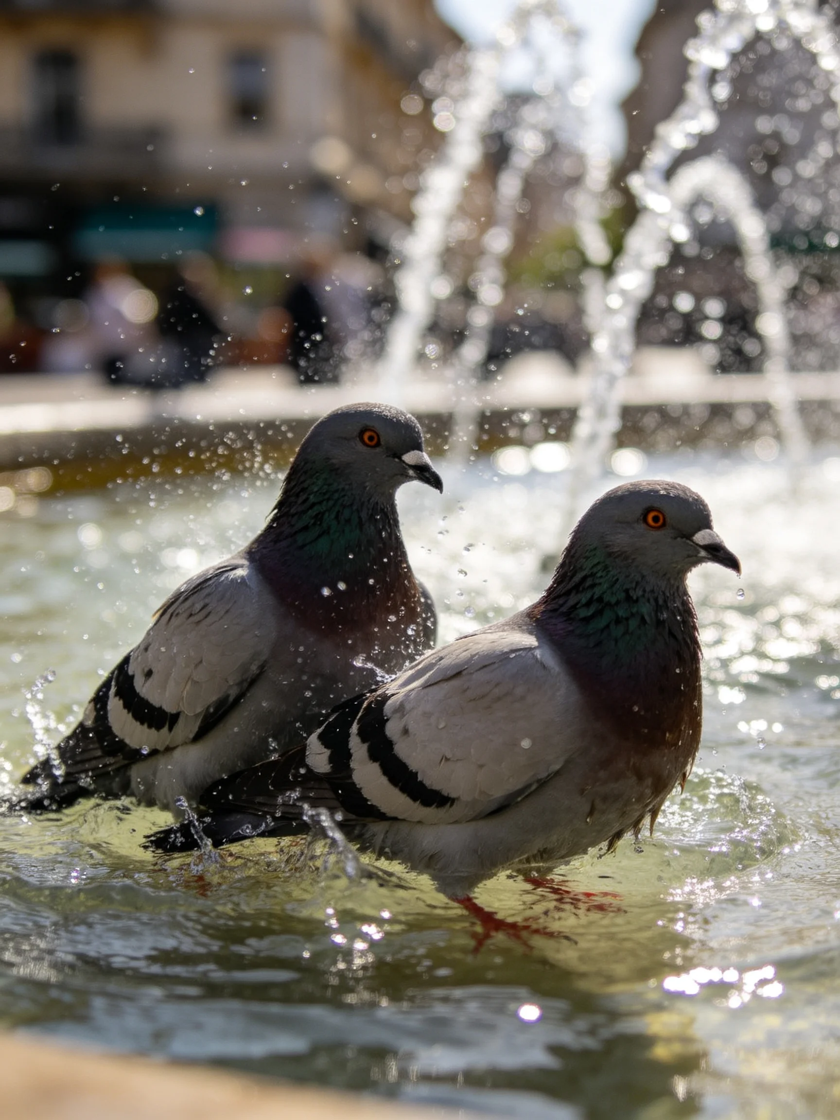 Two pigeons bathe in a sunlit fountain with splashing water