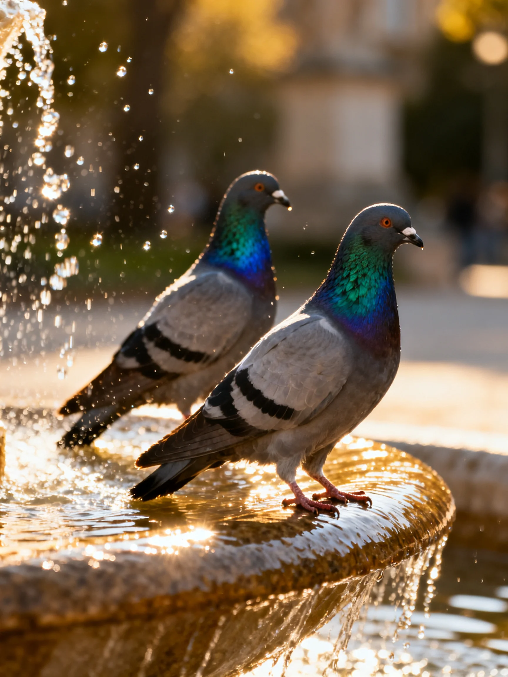 Two pigeons with iridescent necks by a glistening fountain