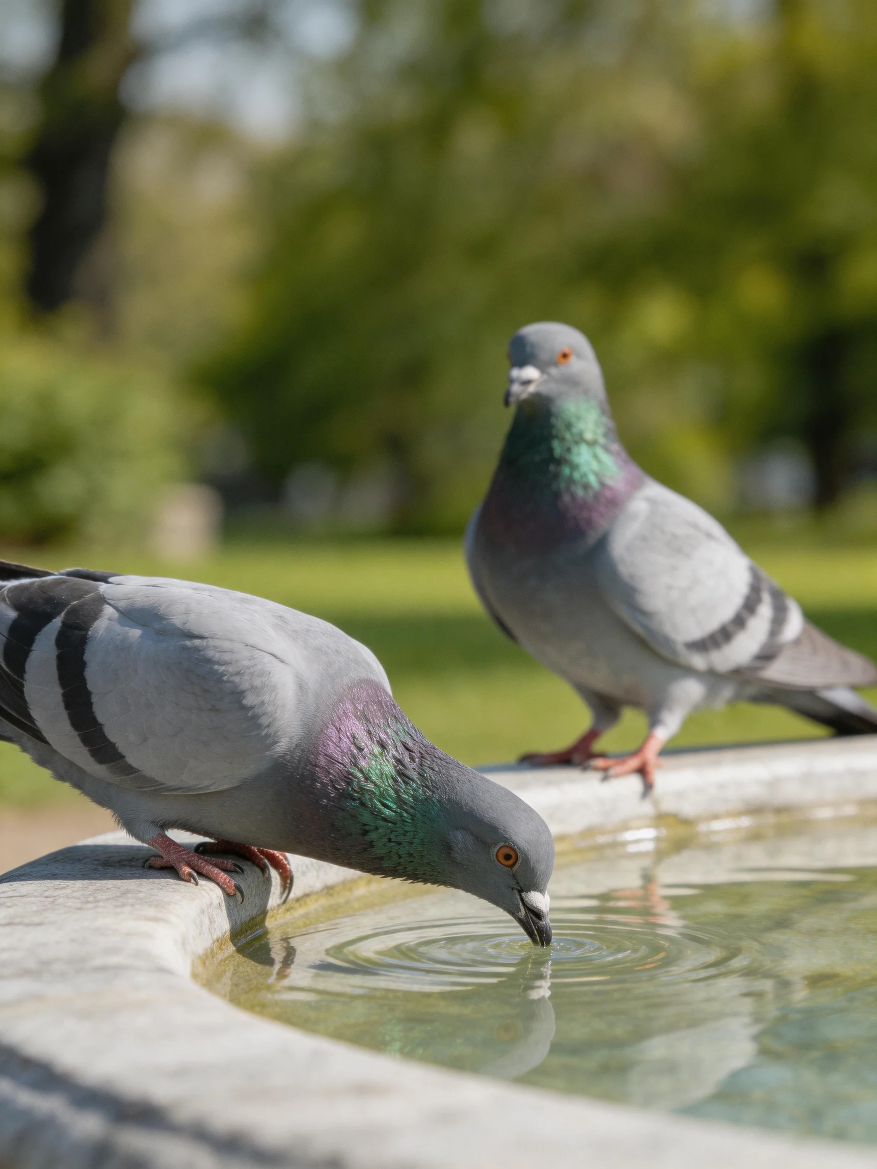 Two pigeons with iridescent necks near a stone fountain in a green park