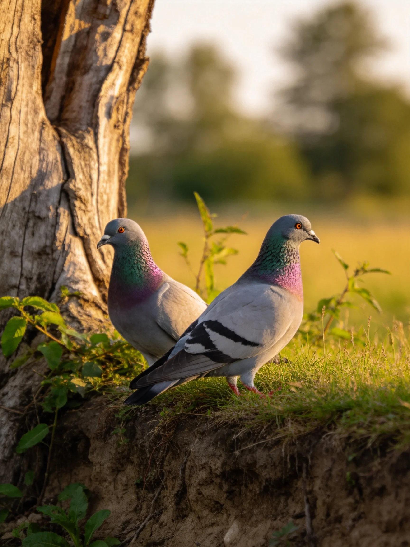 Two pigeons with iridescent necks near an aged tree trunk