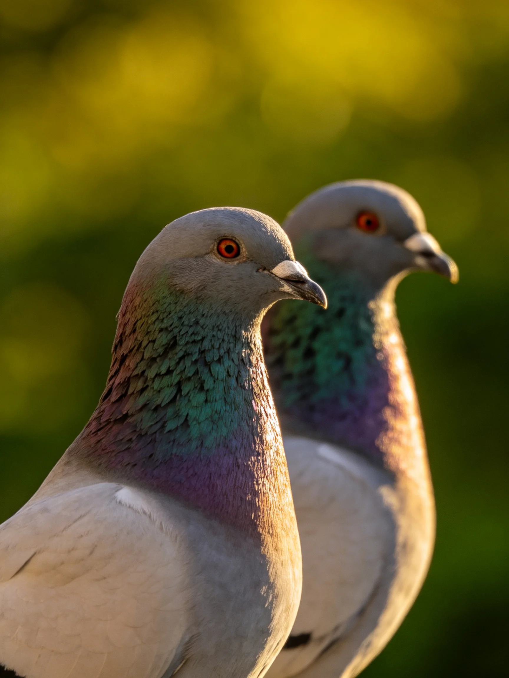 Two pigeons with iridescent necks near blurred green backdrop