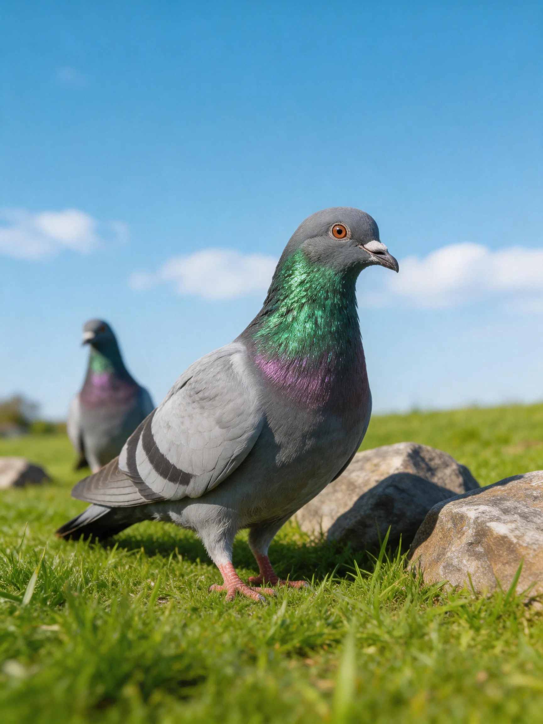 Two pigeons with iridescent necks near rocks on green grass