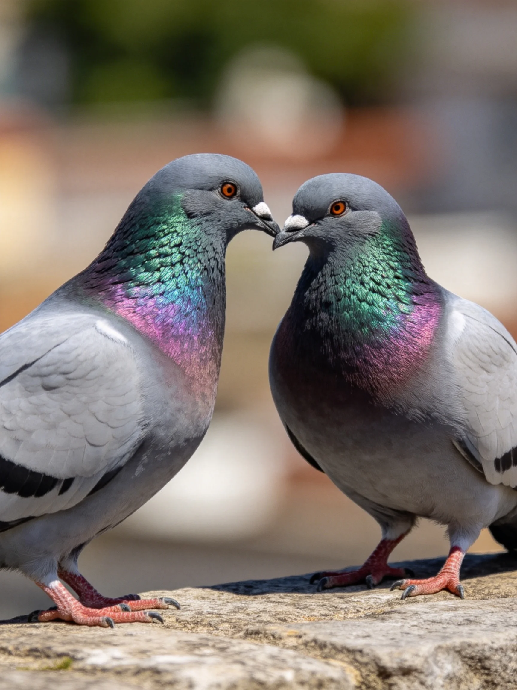 Two pigeons with iridescent necks nuzzling on a stone ledge