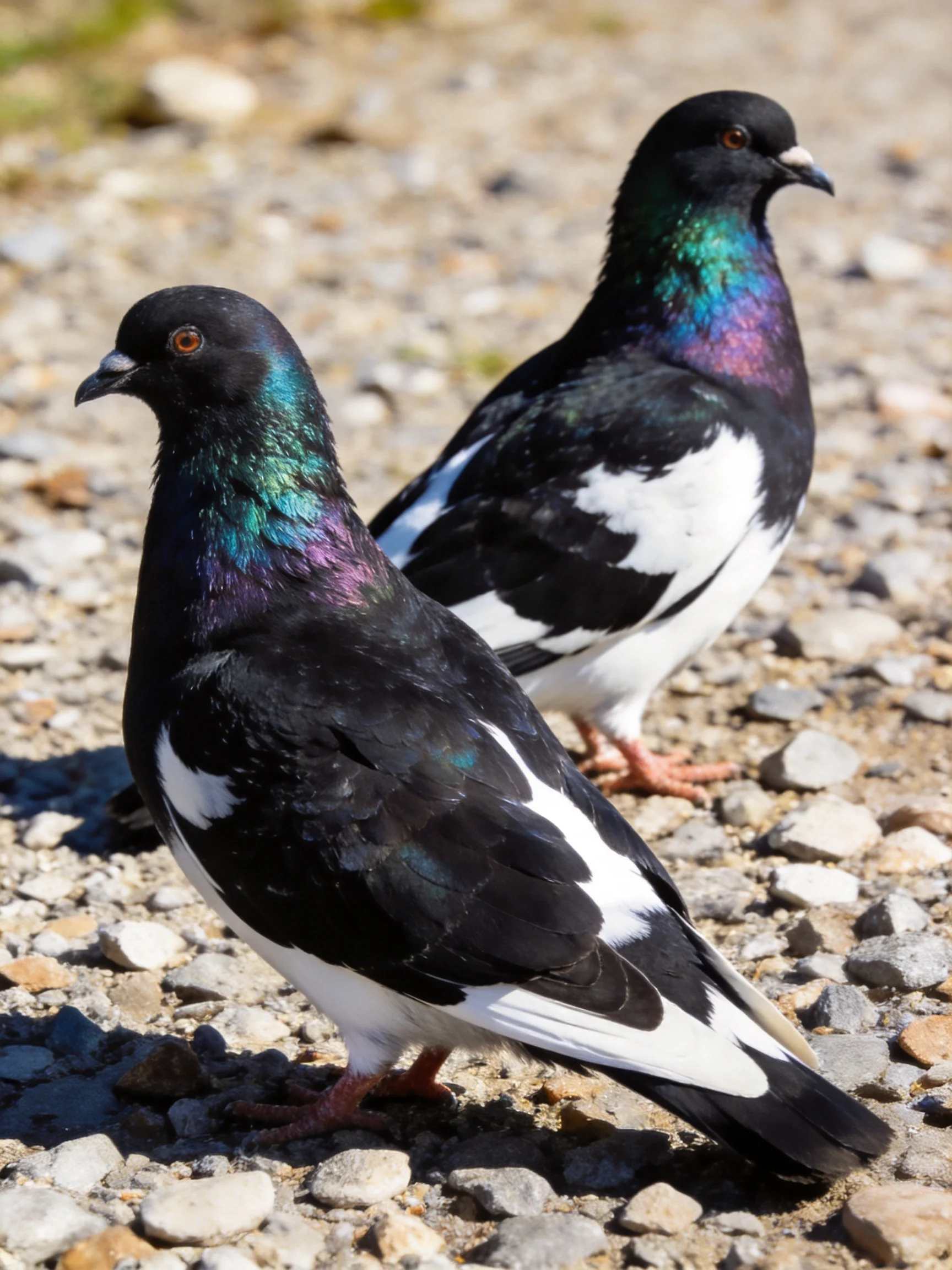 Two pigeons with colorful plumage stand on a gravelly terrain.