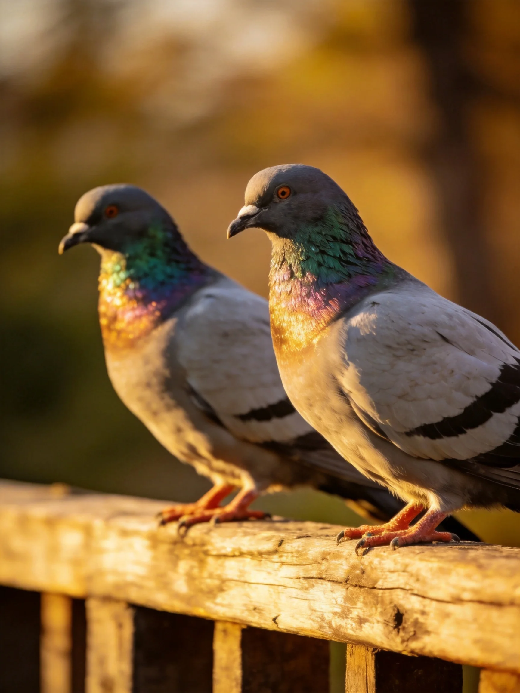 Two pigeons with iridescent necks on a weathered wooden railing
