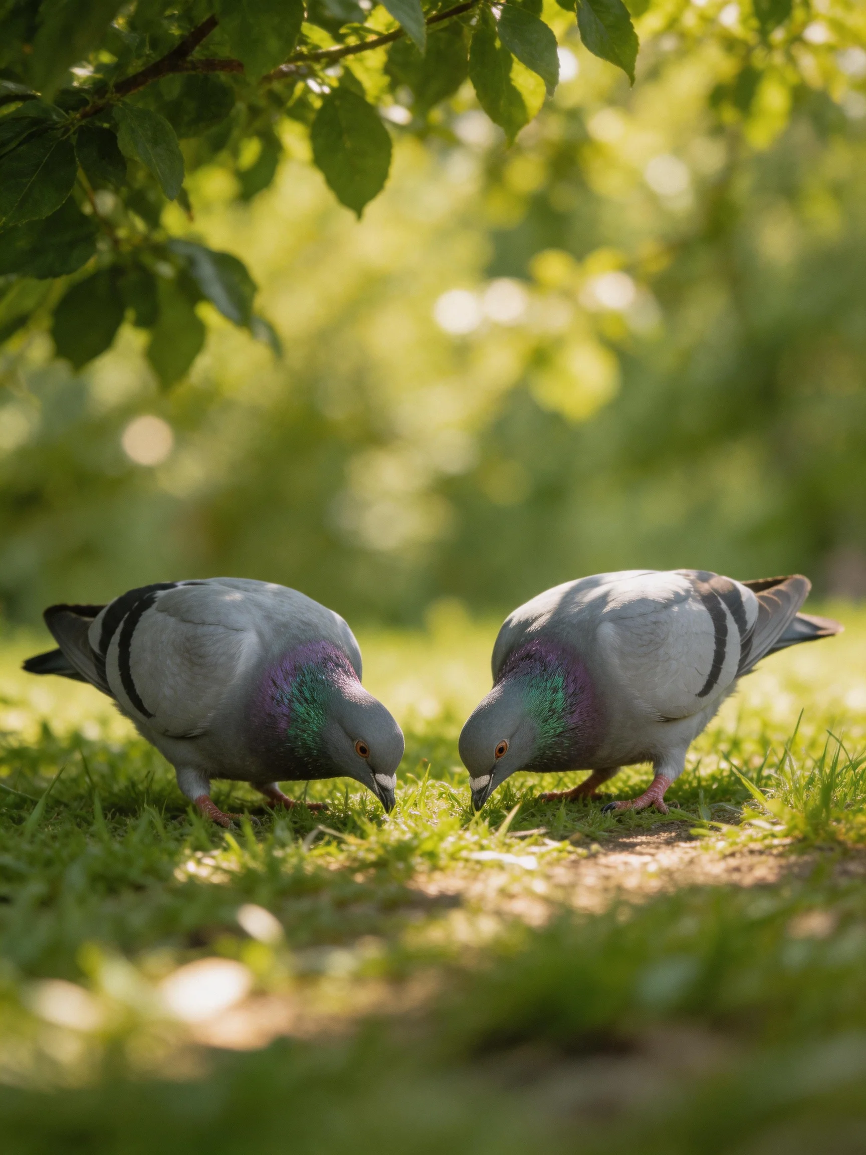 Two pigeons with iridescent necks pecking at grass under leafy trees