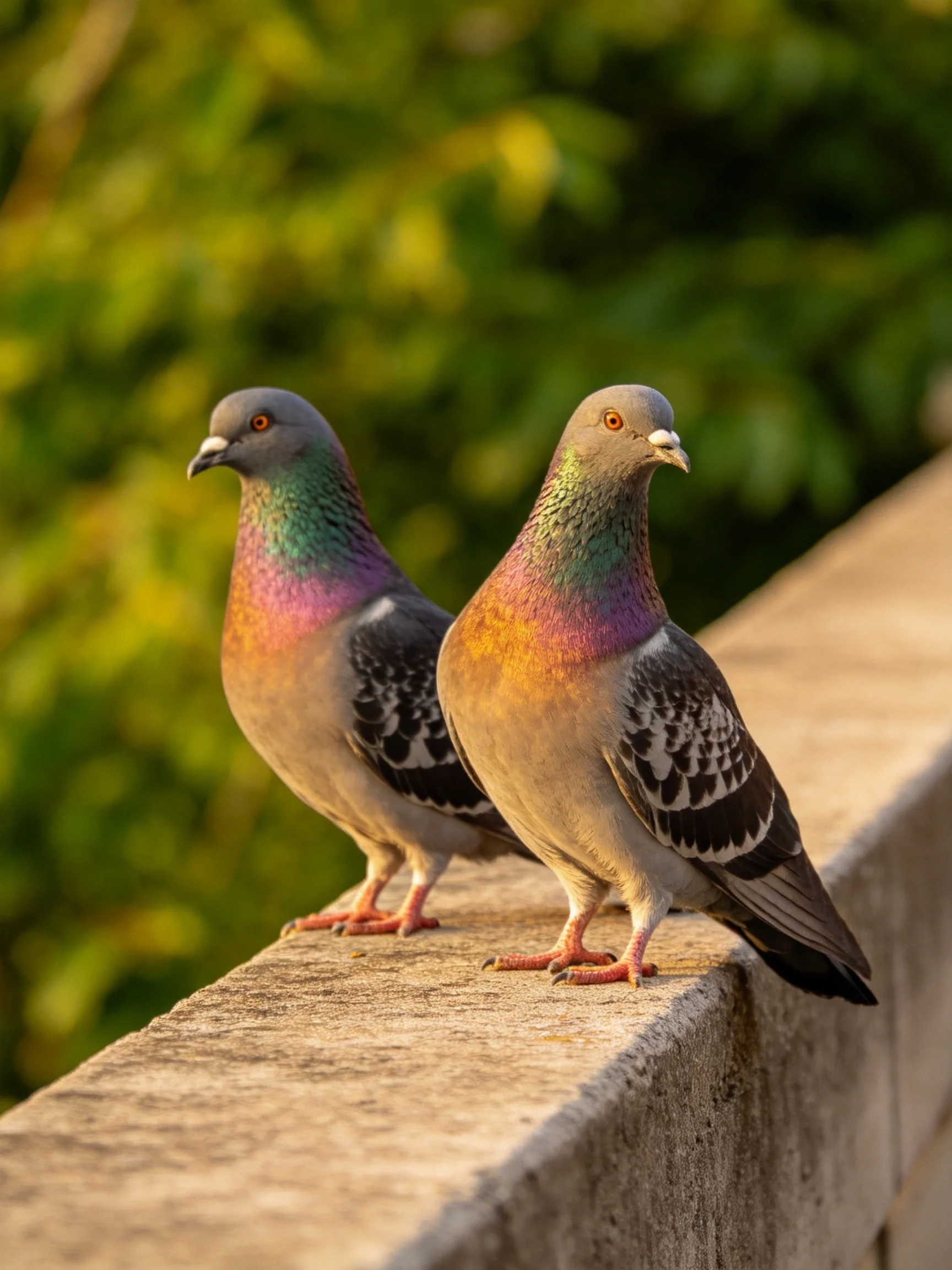 Two pigeons stand on a concrete ledge with green foliage in the background.