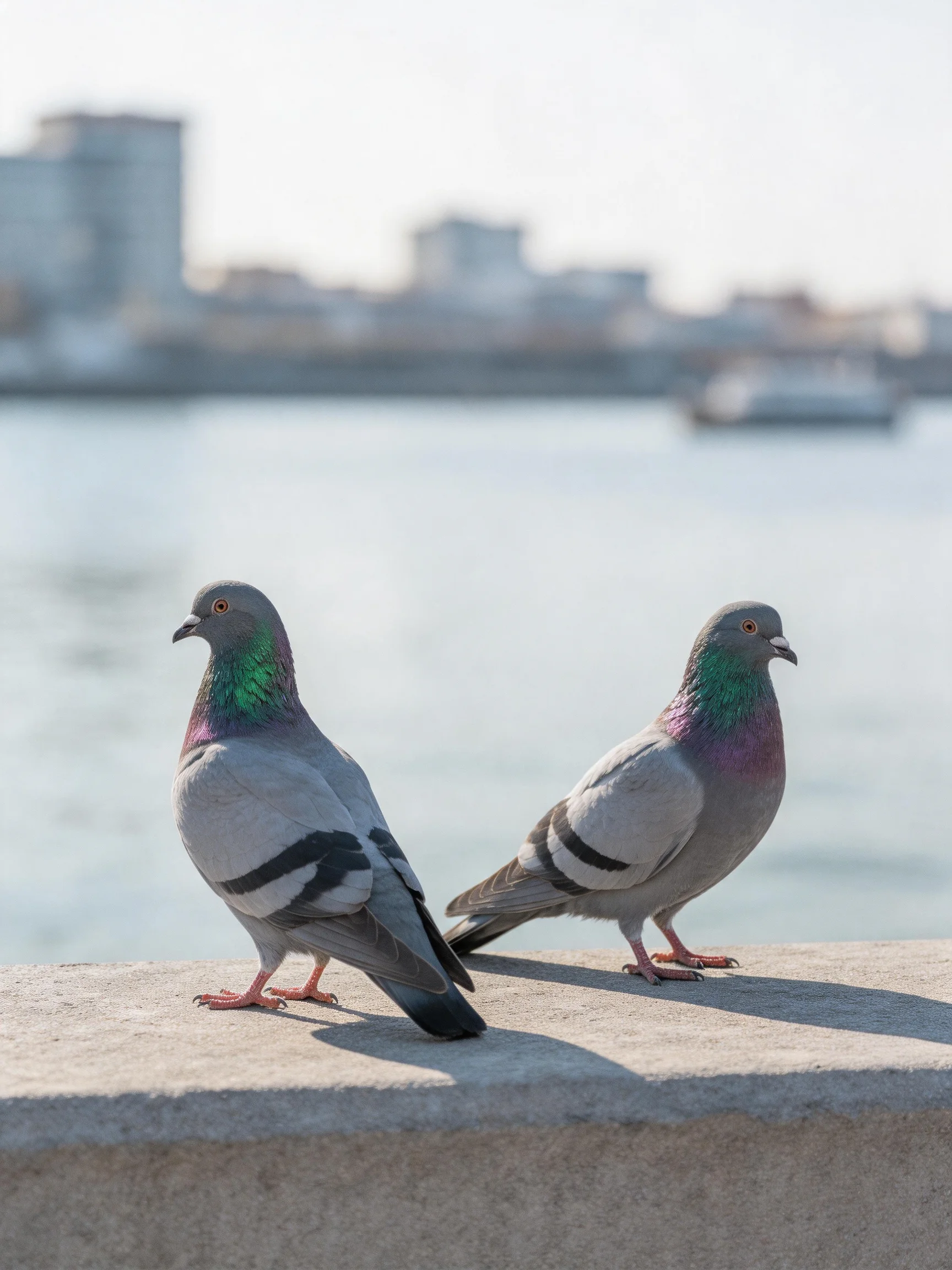 Two pigeons with iridescent necks perch on a concrete ledge by the water