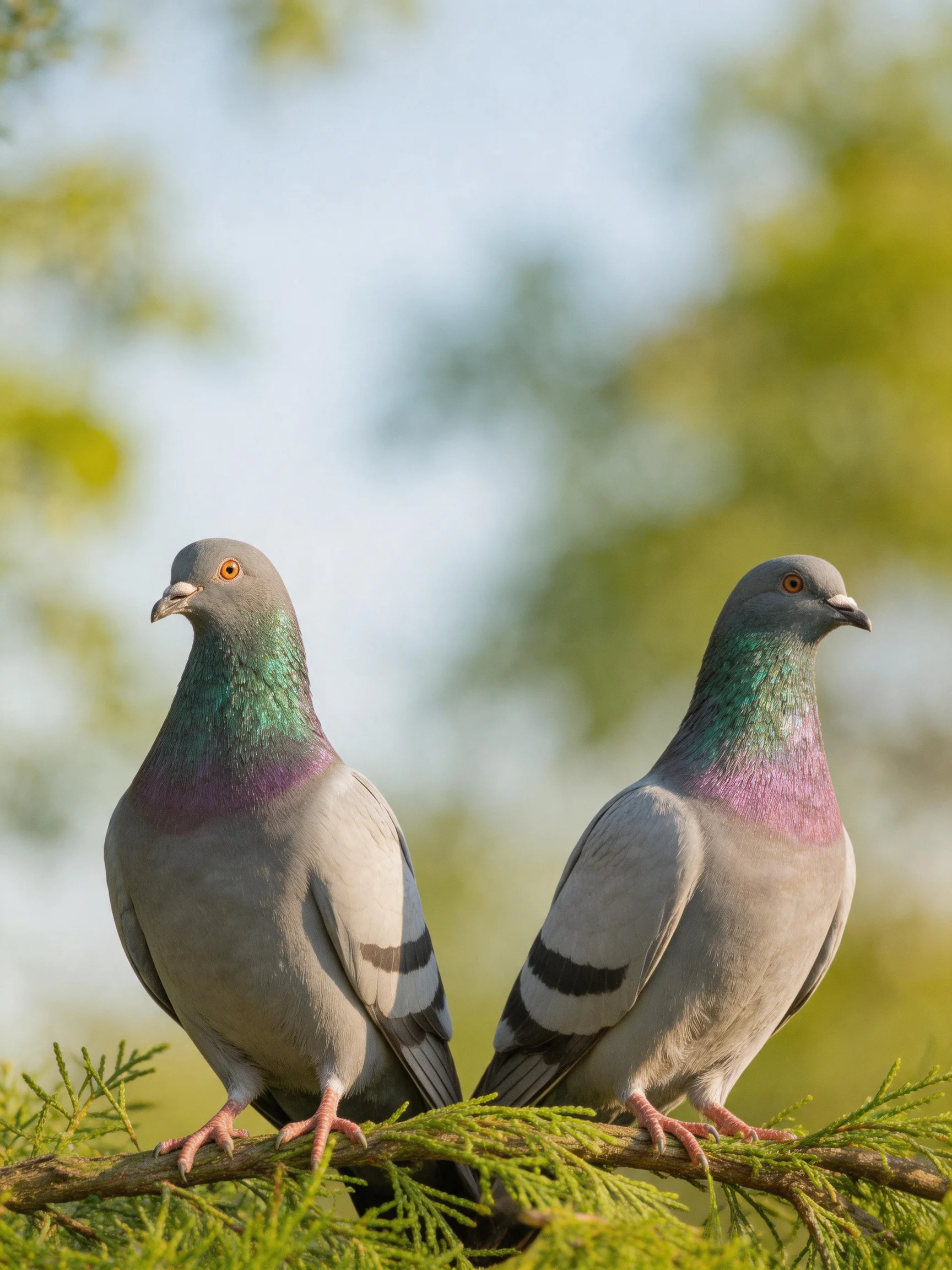 Two pigeons with iridescent necks perch on a green branch