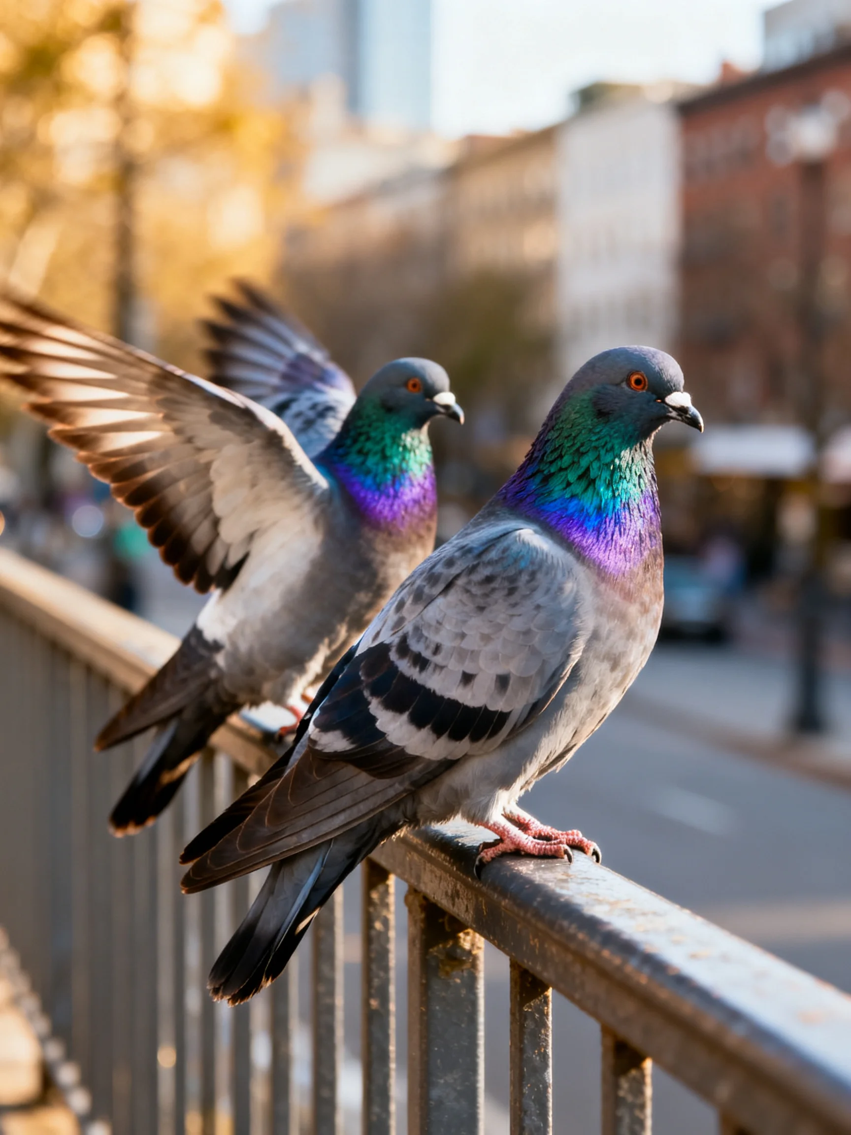 Two pigeons with iridescent necks perch on a metal railing