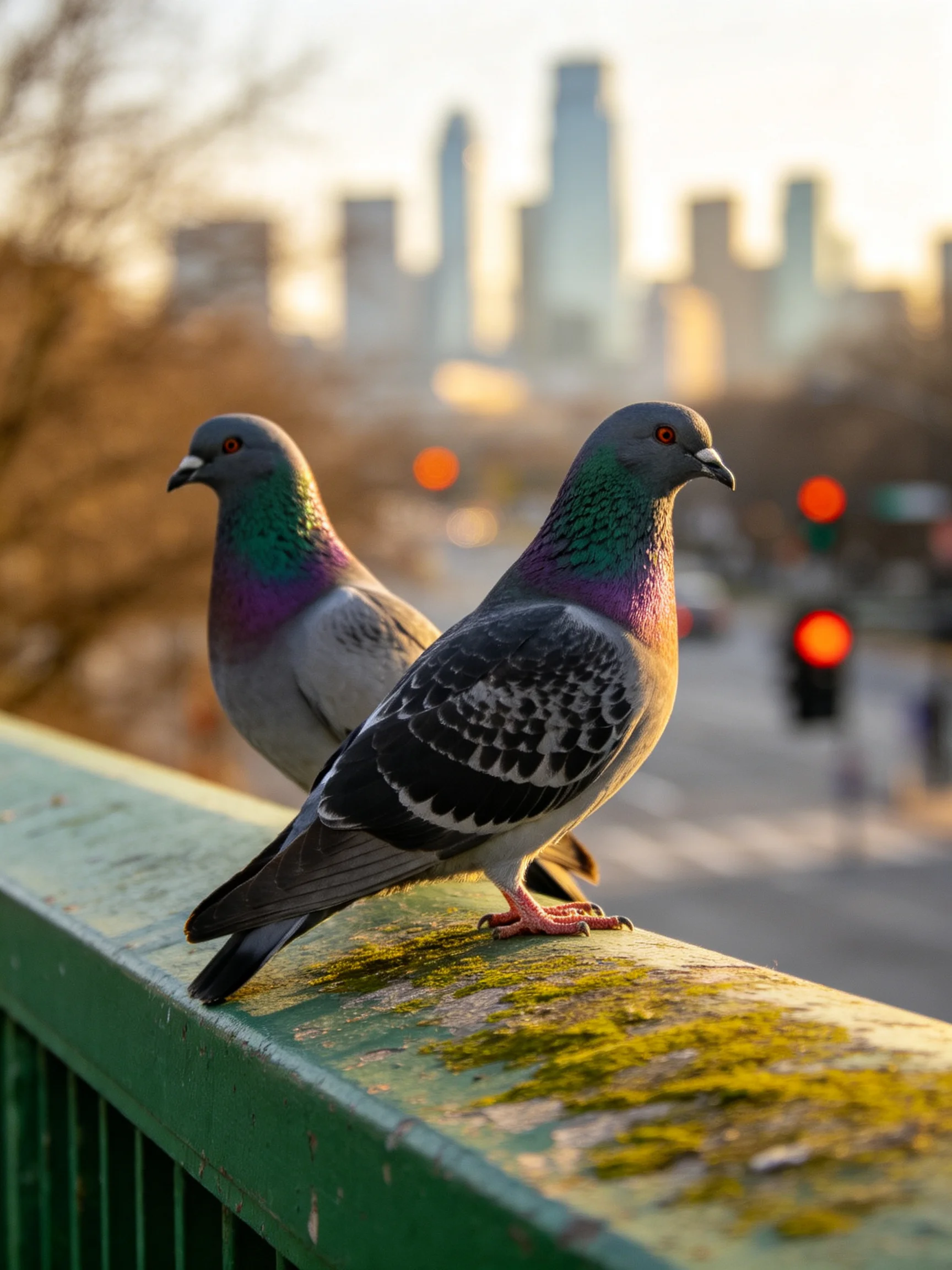 Two pigeons rest on a moss-covered railing with an urban backdrop.