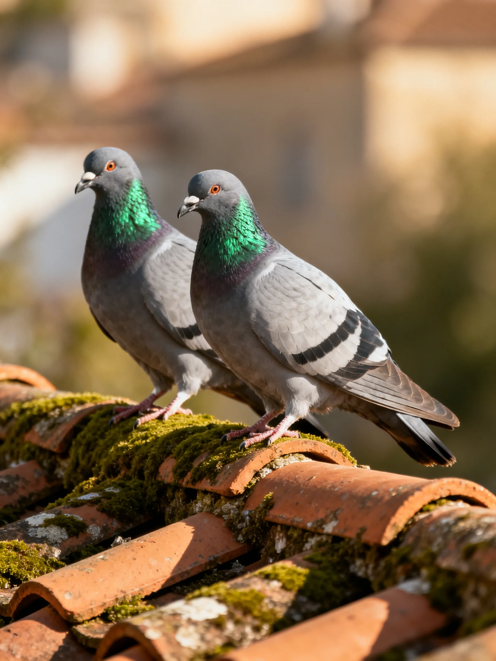 Two pigeons rest on a mossy roof in soft daylight.
