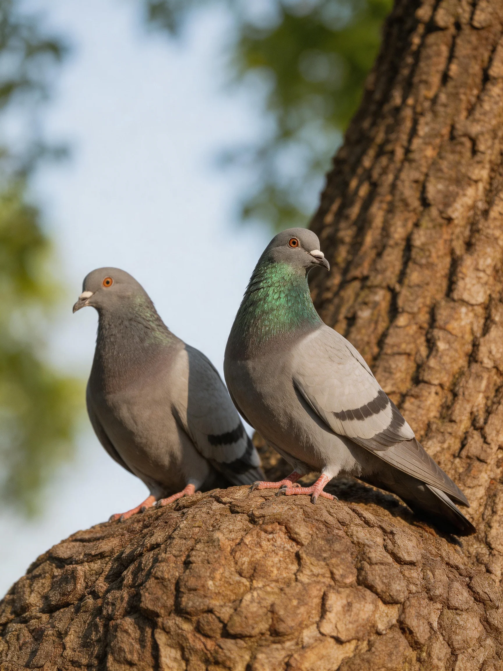Two pigeons with iridescent necks perch on a rugged tree trunk
