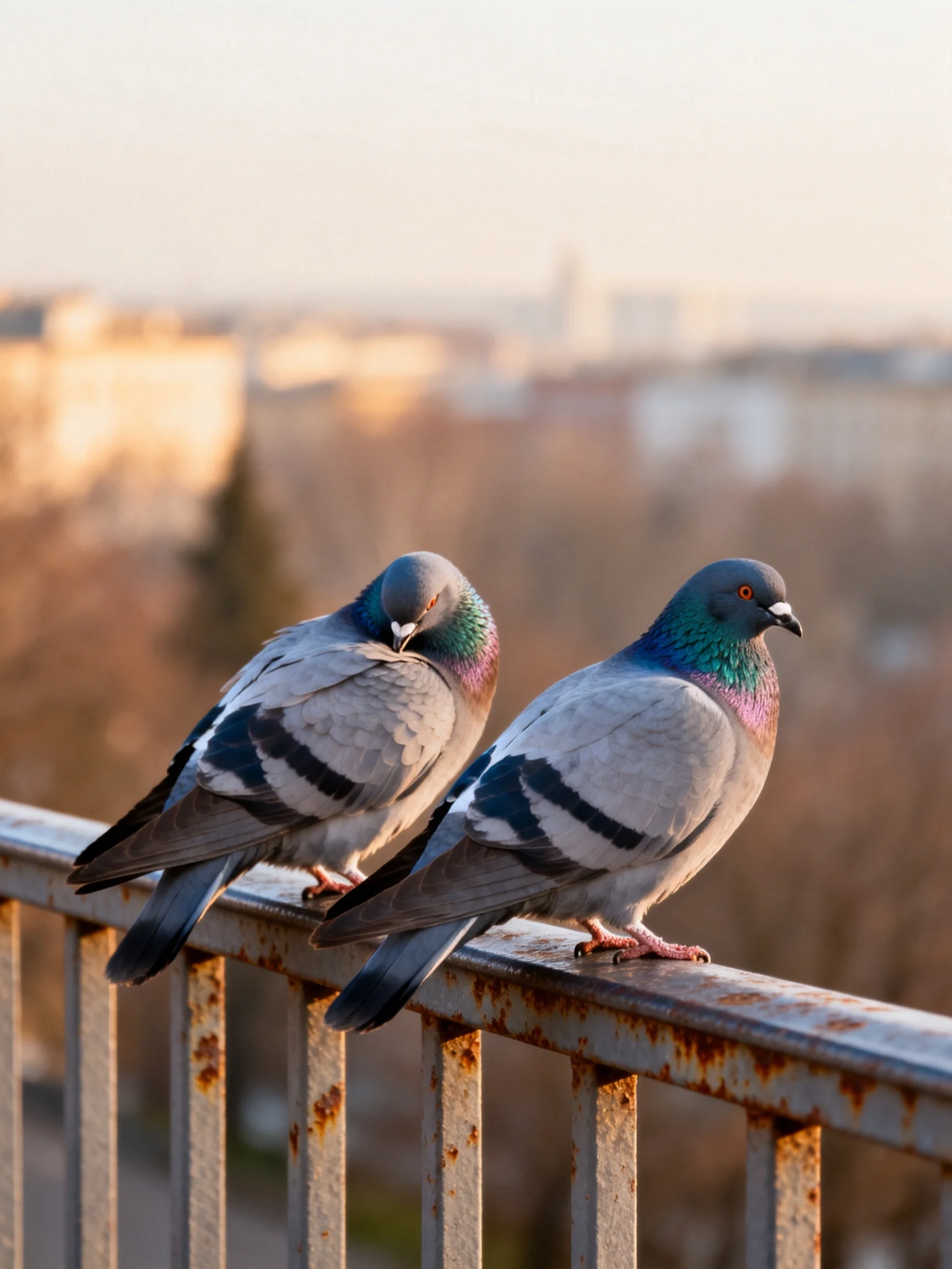 Two pigeons with iridescent necks perch on a rusted metal railing