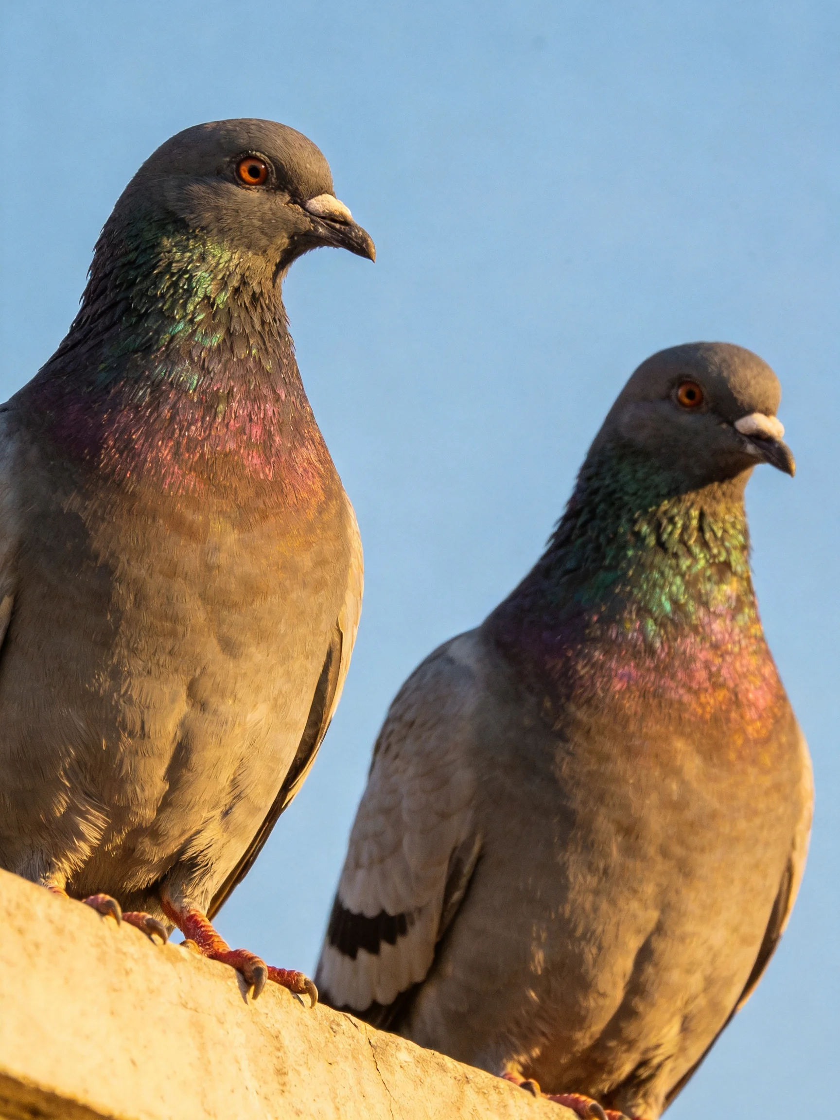 Two pigeons rest side by side on a ledge under a clear sky.