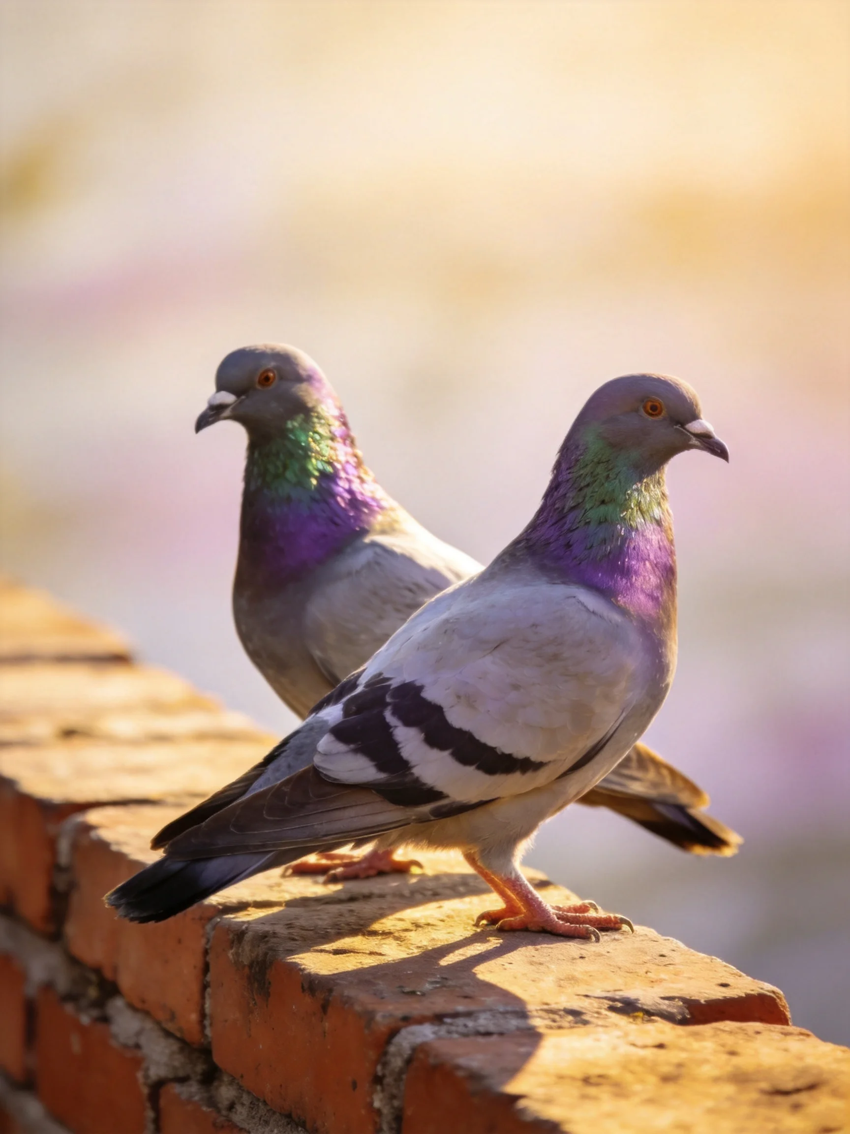 Two pigeons rest on a brick ledge in warm sunlight.