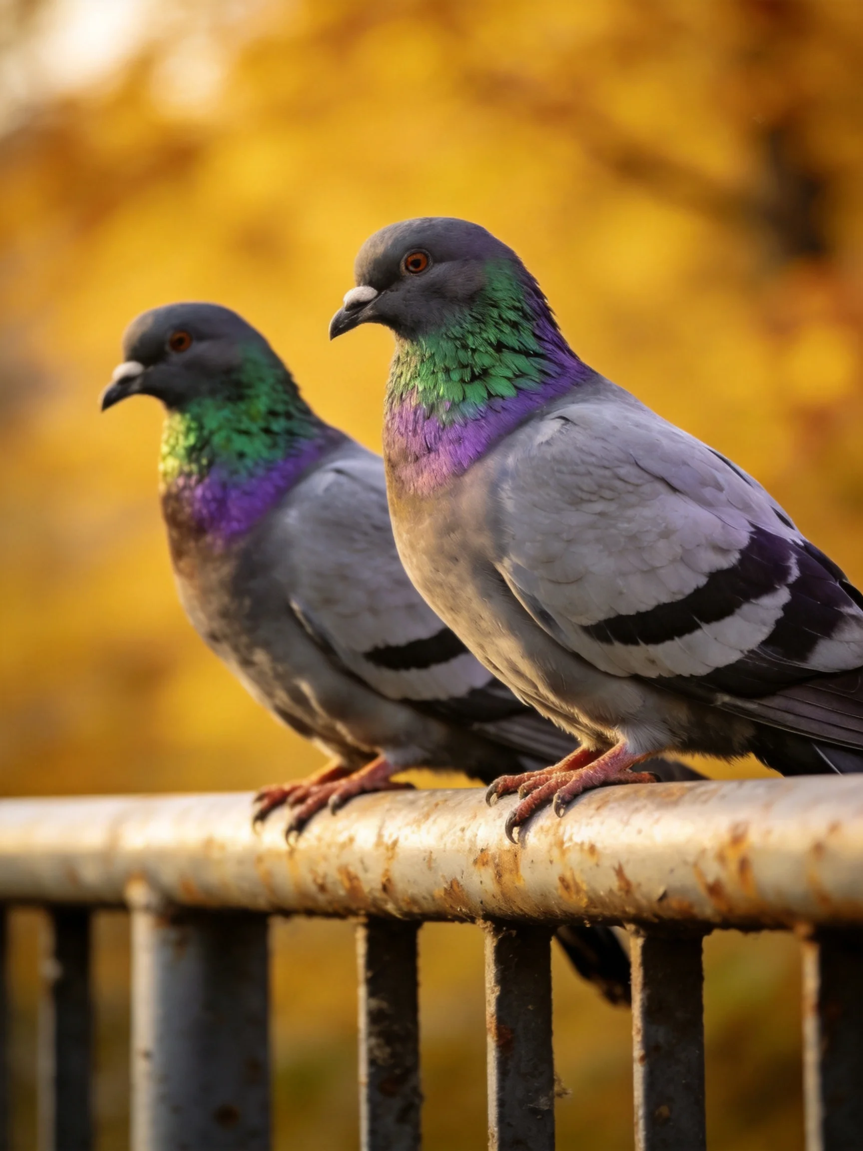 Two pigeons with iridescent necks perch on a weathered metal railing